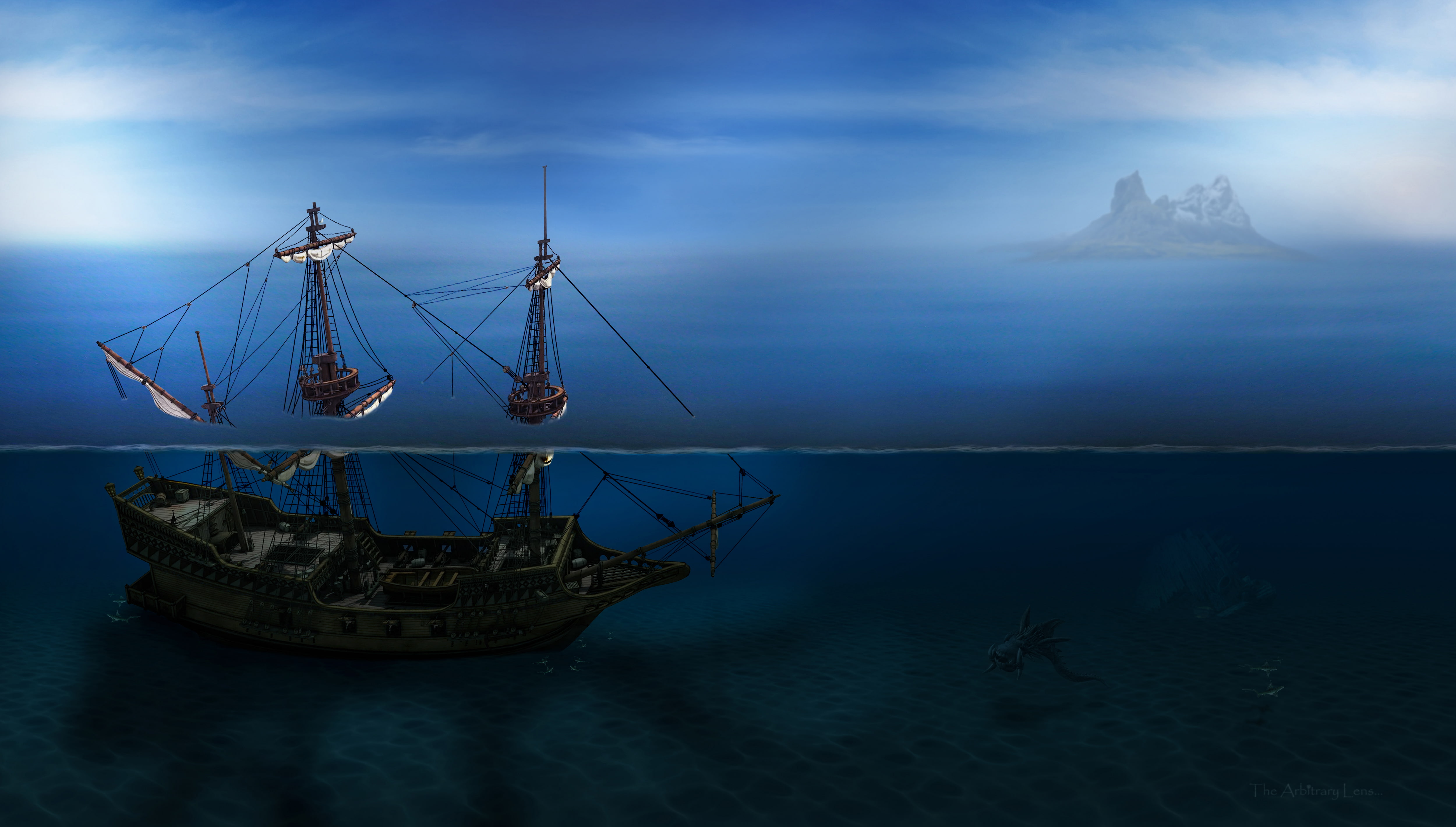 water, island, pirates, ship, 4K, blue, boat, Pirate ship, minimalism, sailing ship, sailing, sea, HD Wallpaper