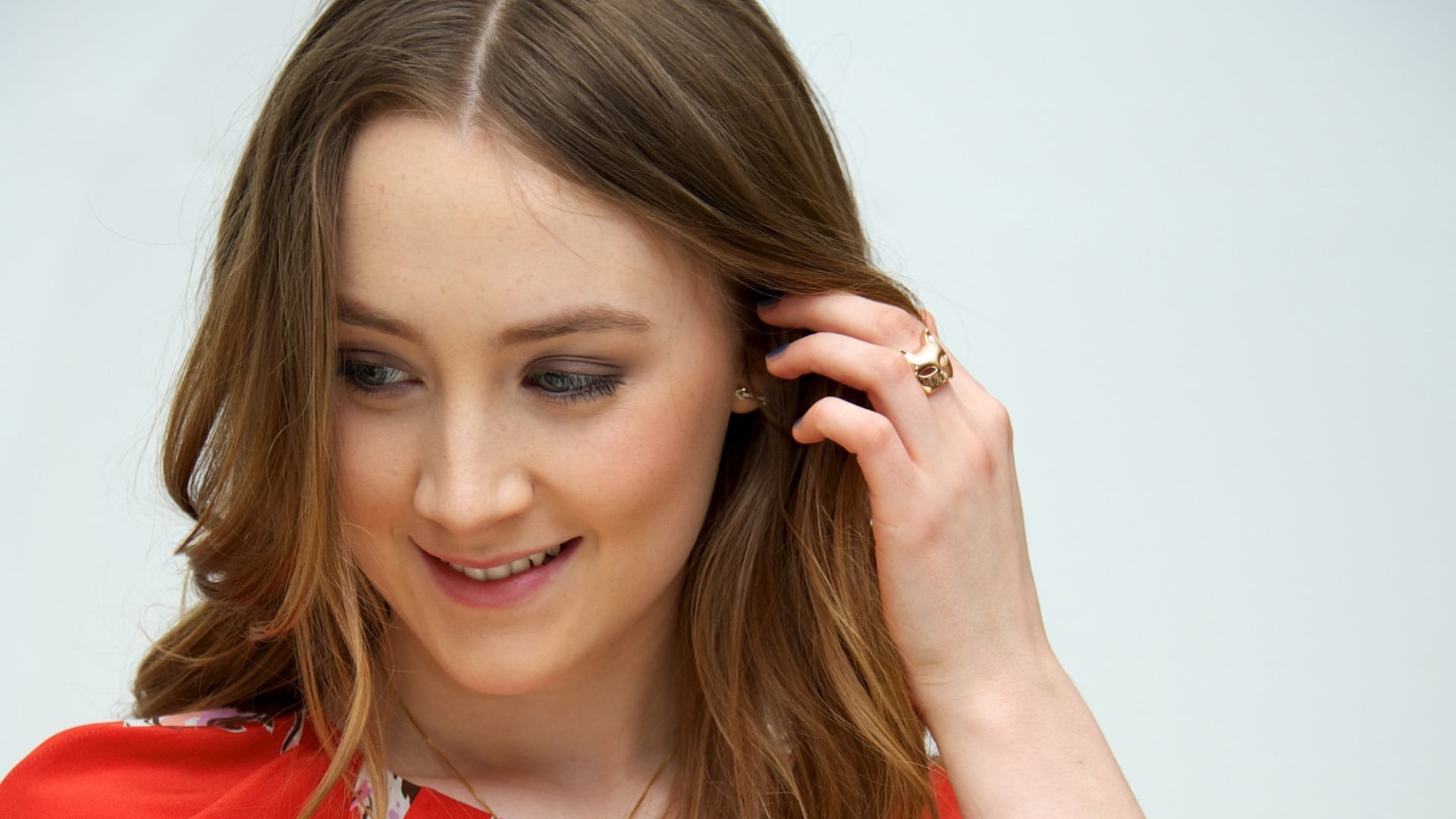 hand, 1080P, beautiful woman, hairstyle, studio shot, actress, brunette, hands in hair, young adult, one person, indoors, Saoirse Ronan, long hair, adult, HD Wallpaper