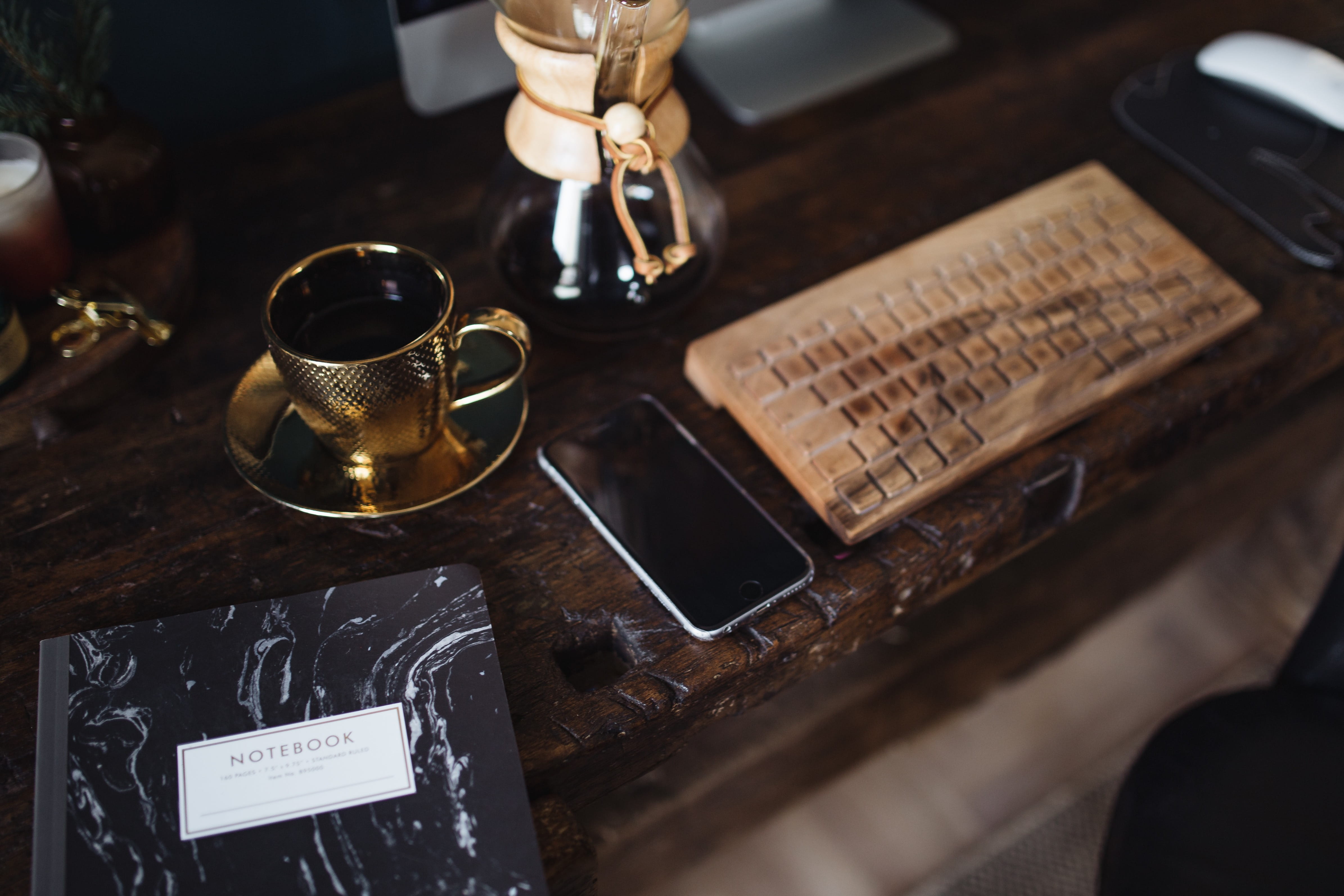 high angle view, barista, dark, retro, selective focus, business, wooden, drink, tea cup, no people, coffee maker, coffee - drink, table, workspace, coffee, HD Wallpaper