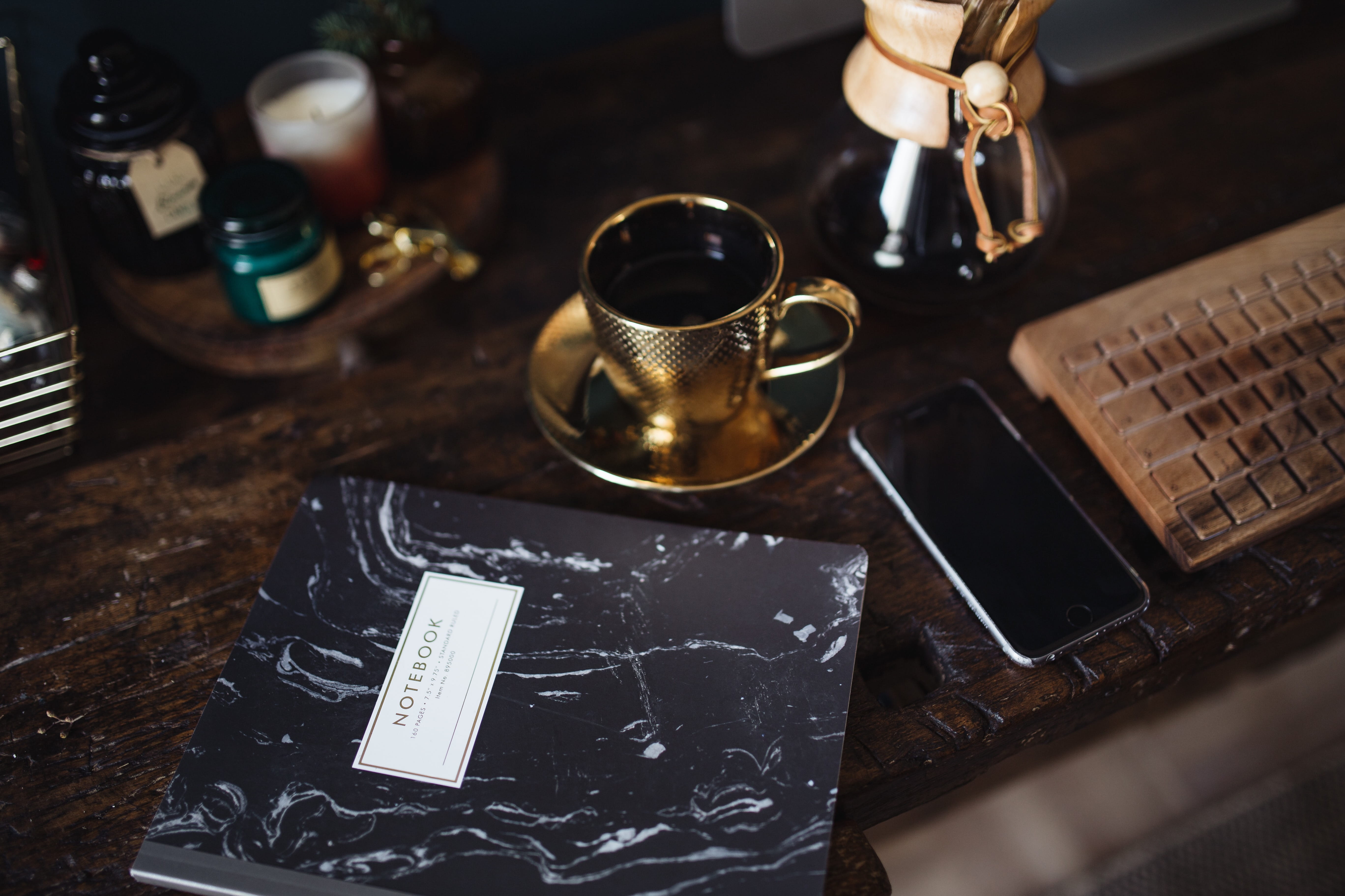 workspace, wooden, office, food, table, coffee - drink, high angle view, dark, work, workbench, food and drink, indoors, desk, retro, 5K, drink, still life, HD Wallpaper