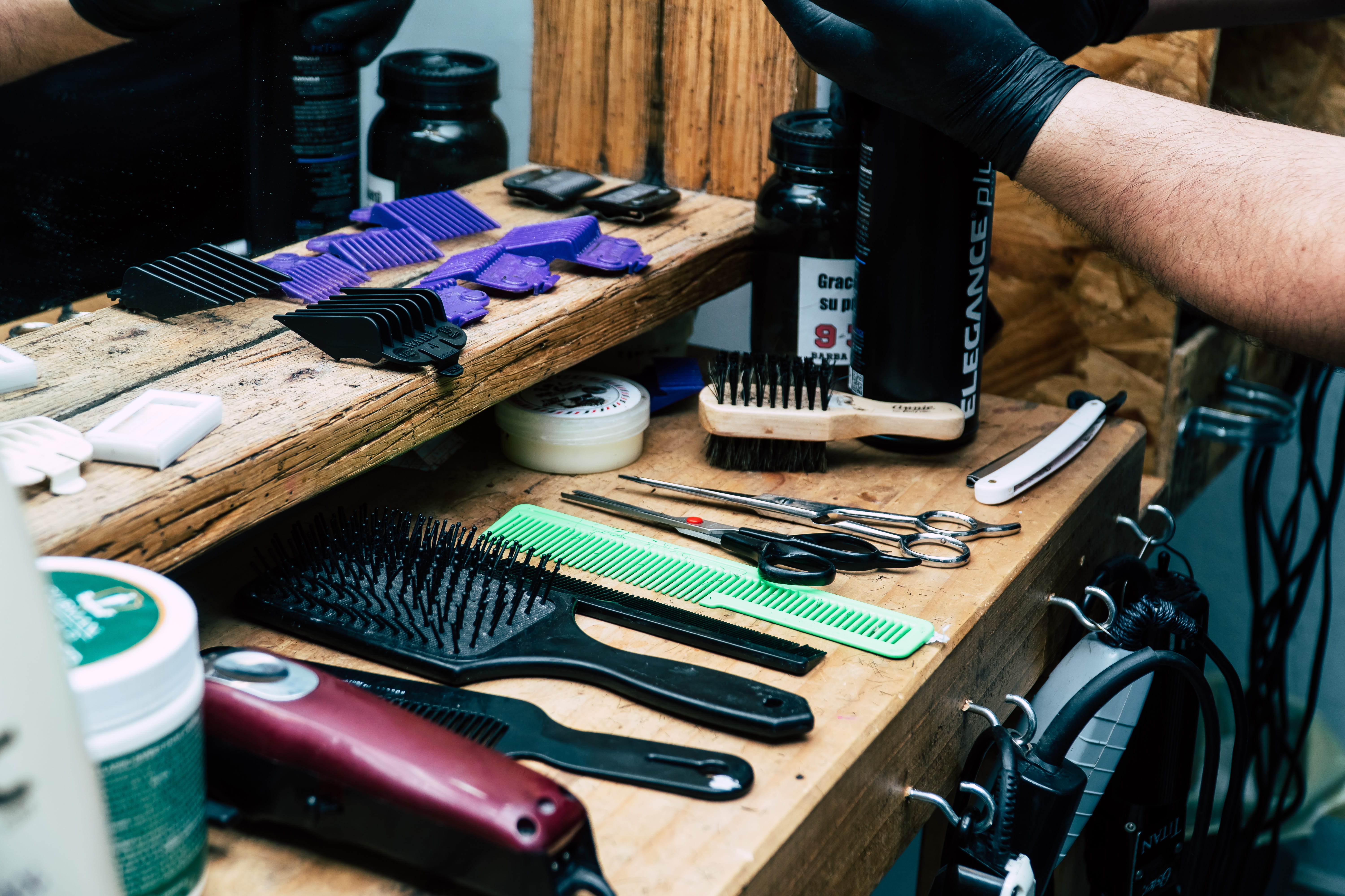 choice, person, tool, 5K, occupation, human hand, skill, large group of objects, barber, table, wood - material, workshop, variation, scissors, human body part, HD Wallpaper