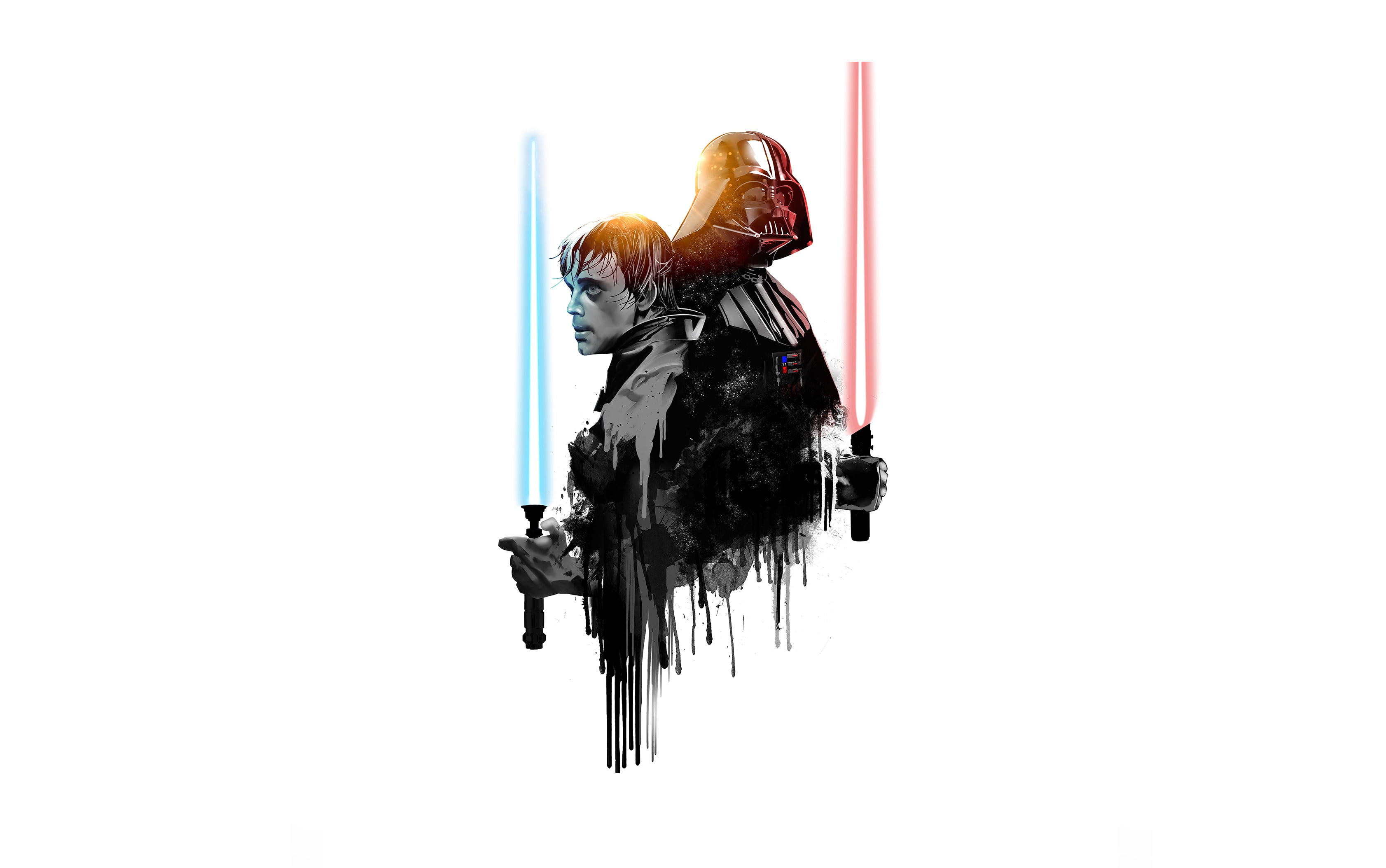 2K, artwork, Luke Skywalker, Darth Vader, white background, lightsaber, simple background, Star Wars, HD Wallpaper