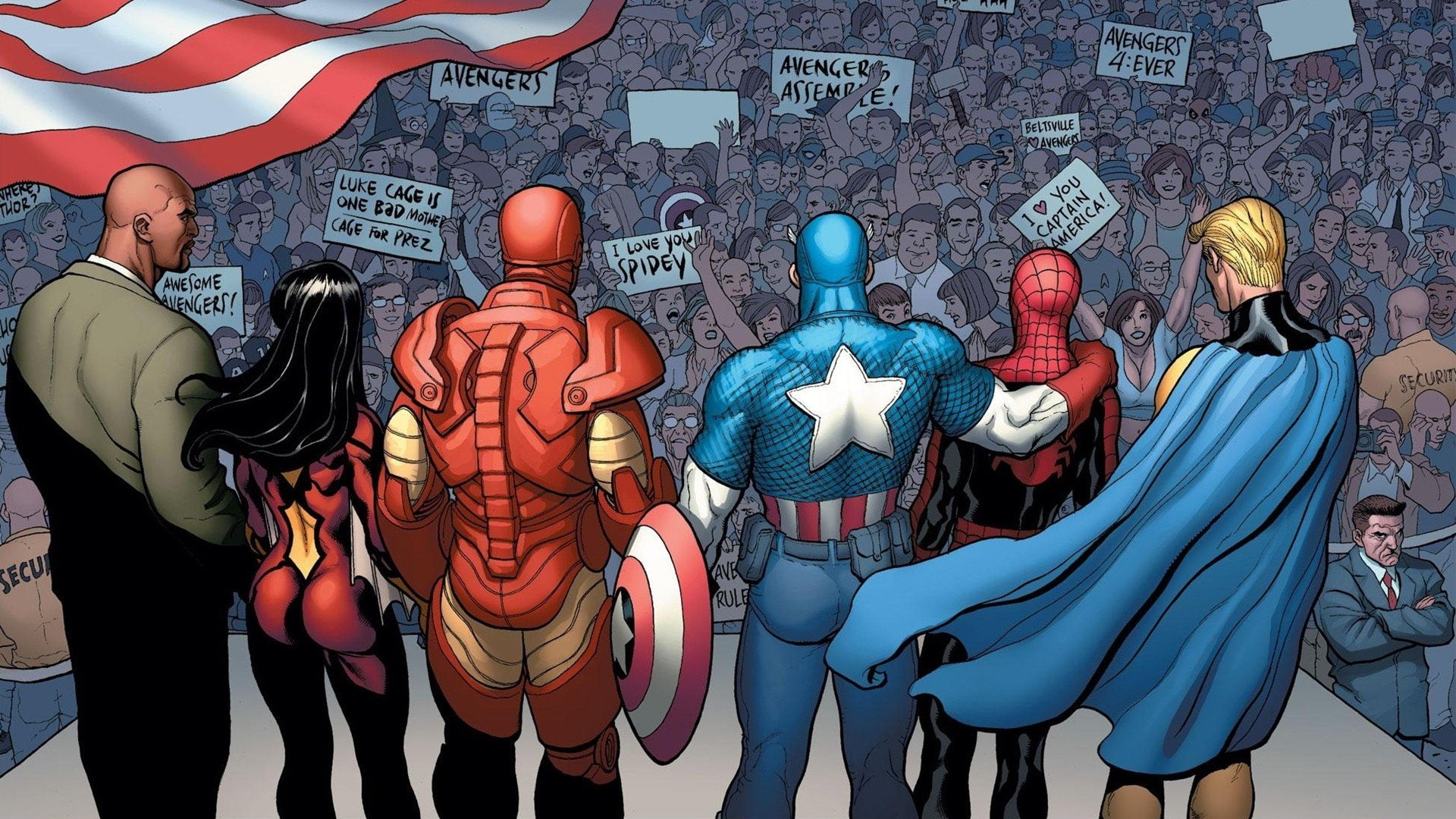 sentry, spider man, frank, crowd, spider woman, cage, america, superheroes, marvel, iron, posters, captain, comics, avengers, cho, luke, 1080P, man, HD Wallpaper