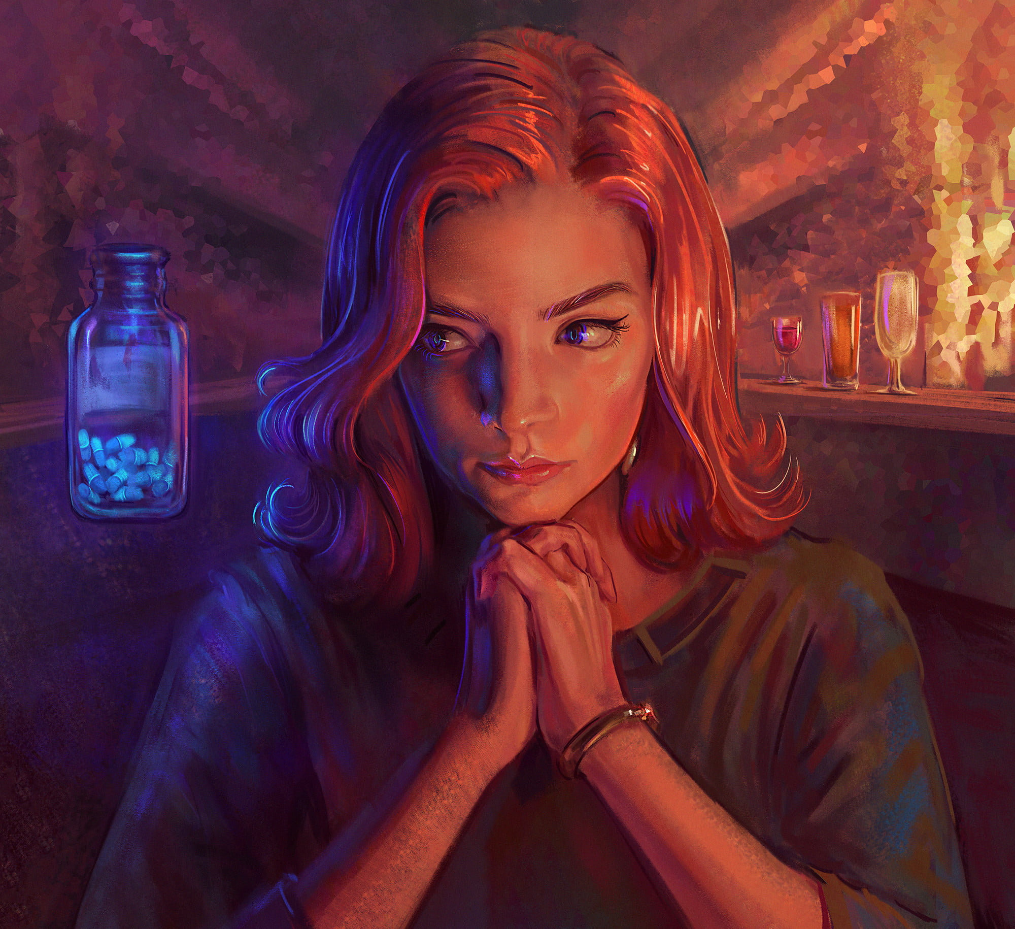 1080P, redhead, Mandy Jurgens, young woman, looking at the side, digital painting, hands crossed, wine, The Queens Gambit, face, digital art, portrait, HD Wallpaper