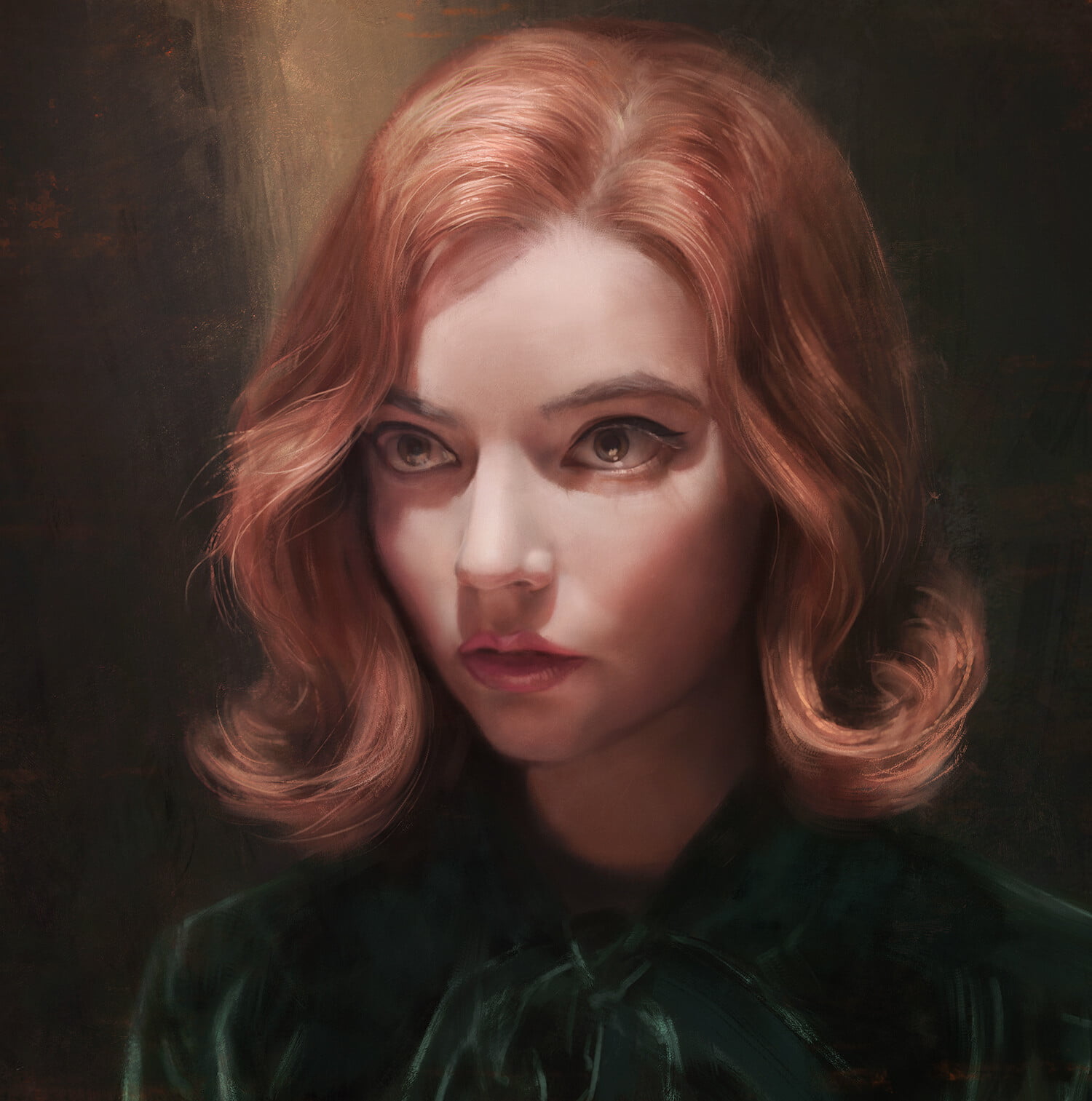 portrait, open mouth, digital art, digital painting, 720P, women, Anya Taylor-Joy, The Queens Gambit, redhead, short hair, drawing, fan art, Beth Harmon, Phone HD Wallpaper