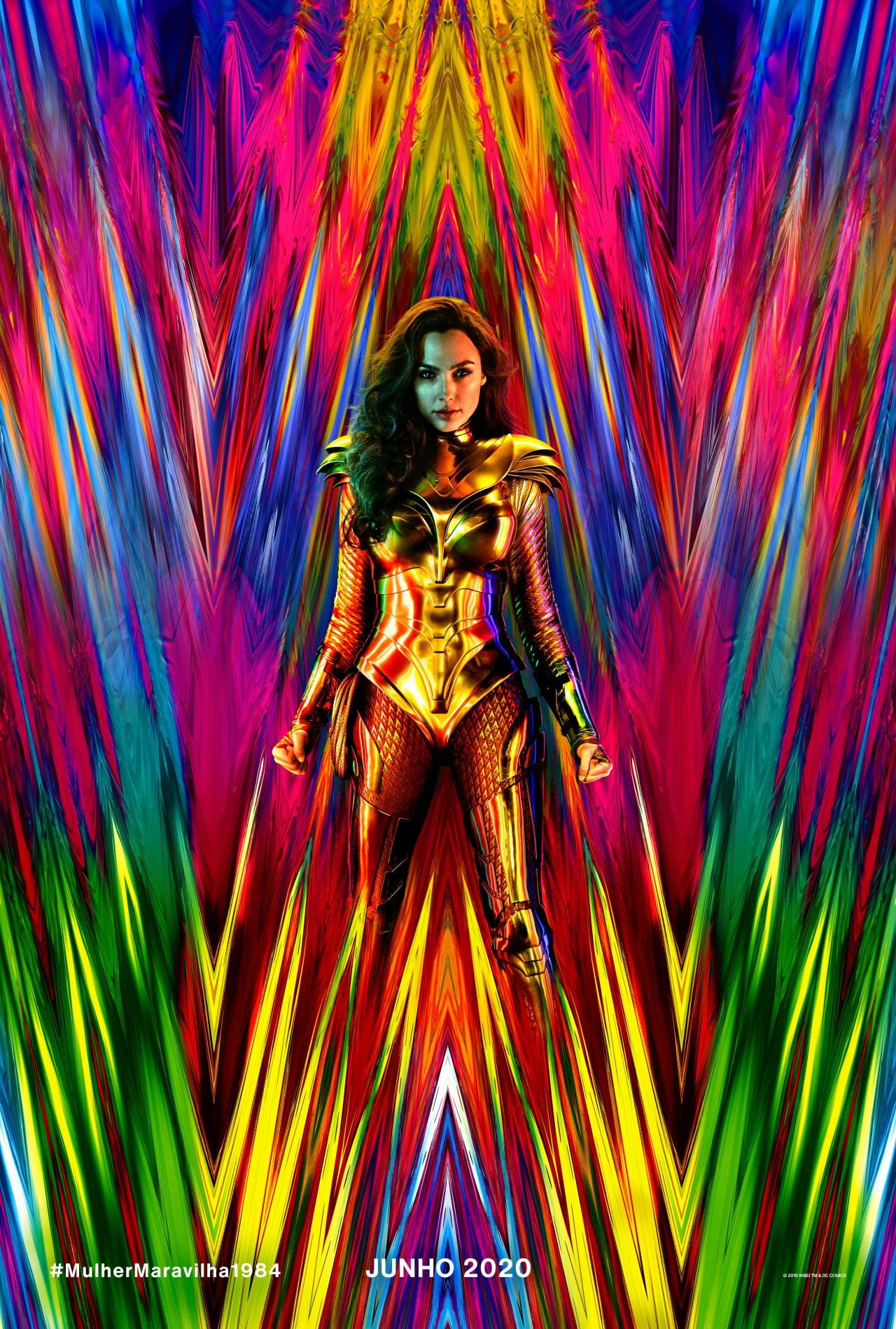 Wonder Woman, gold, Gal Gadot, armor, brunette, movie poster, colorful, Israeli, long hair, 720P, women, standing, actress, model, Phone HD Wallpaper