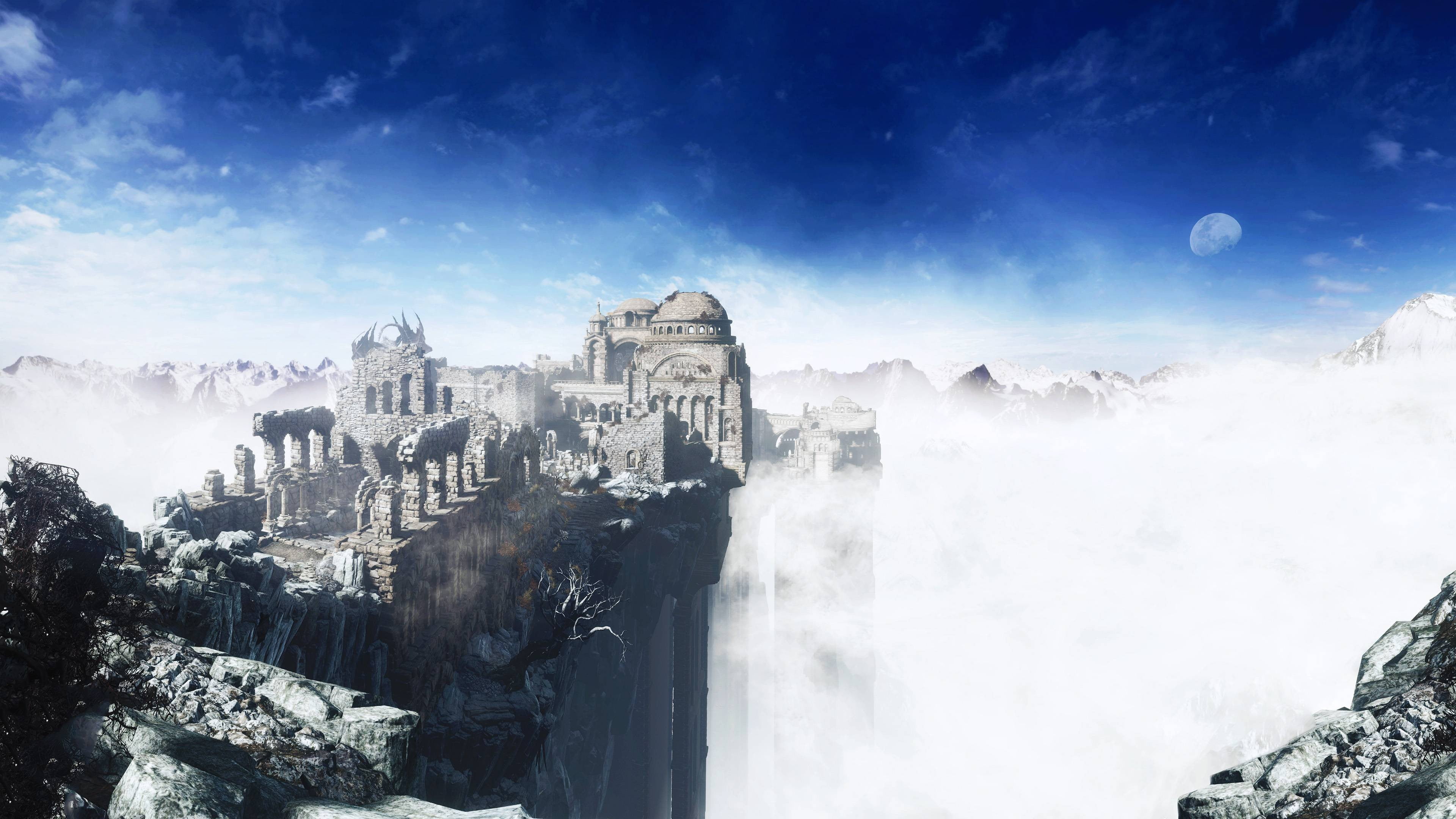 castle, city, scenics - nature, mountain peak, sky, architecture, rock - object, travel, building, nature, Dark Souls III, rock, 4K, blue, built structure, HD Wallpaper