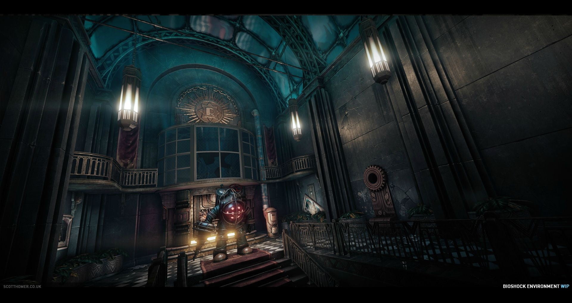 BioShock, illuminated, lighting equipment, robot, black, architecture, pew, building, toy, belief, spirituality, no people, place of worship, 1080P, built structure, HD Wallpaper