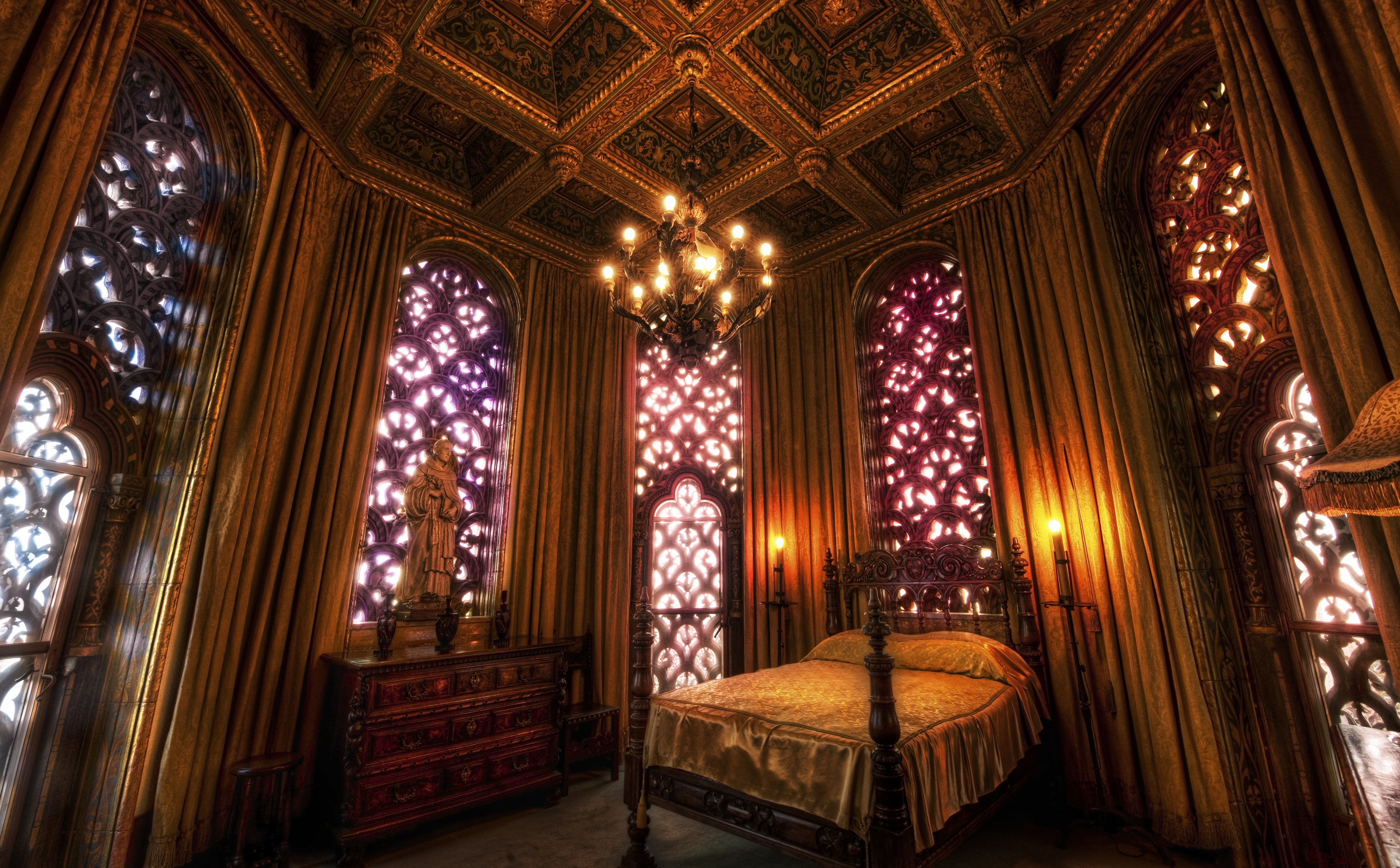 black, stained glass, built structure, belief, indoors, spirituality, Castle, wooden, luxurious, no people, seat, illuminated, ornate, religion, lighting equipment, HD Wallpaper