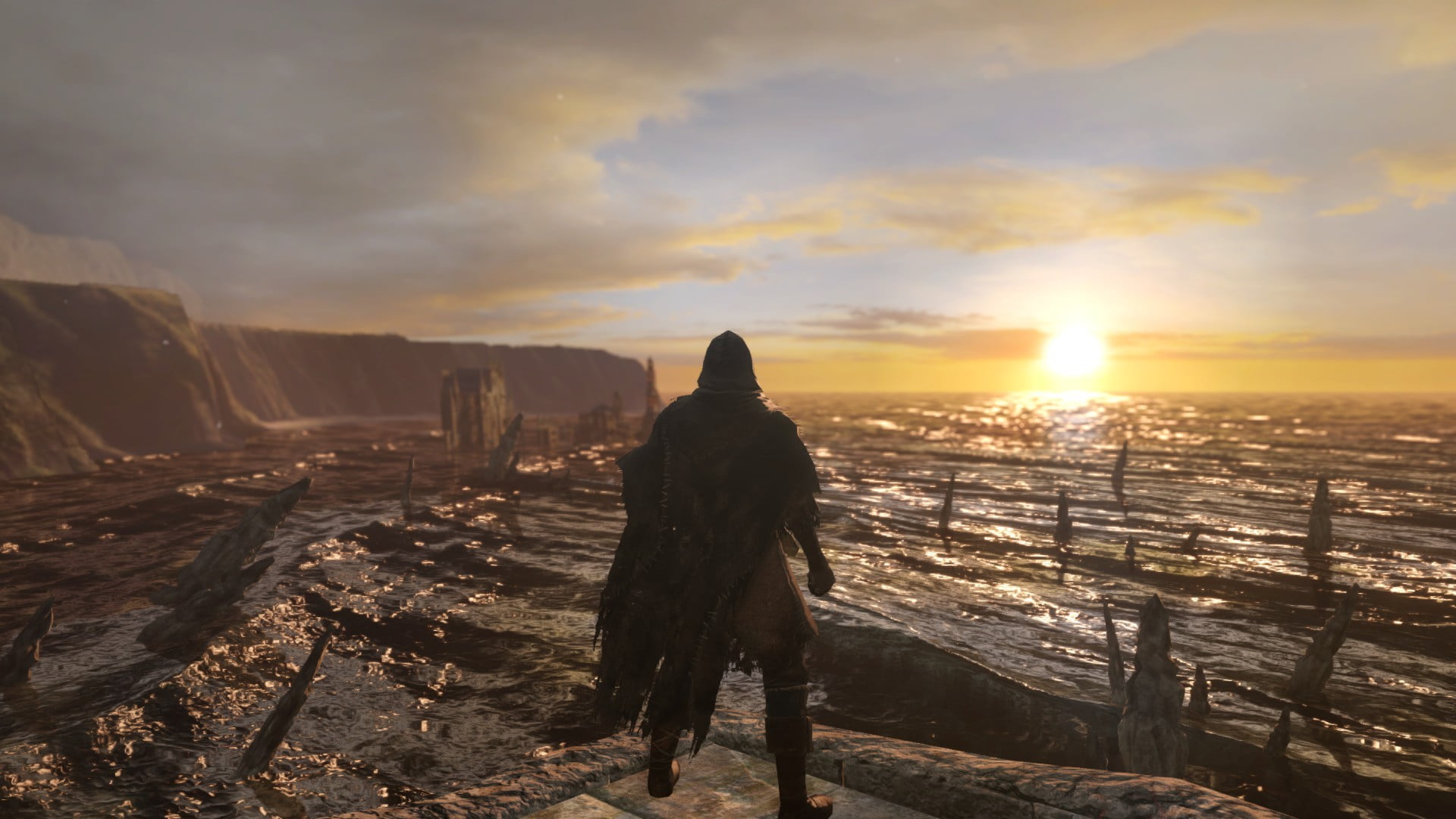 scenics - nature, rear view, nature, Dark Souls II, man, mountains, cloud - sky, standing, environment, sea, video games, sunlight, men, cliff, 1080P, HD Wallpaper