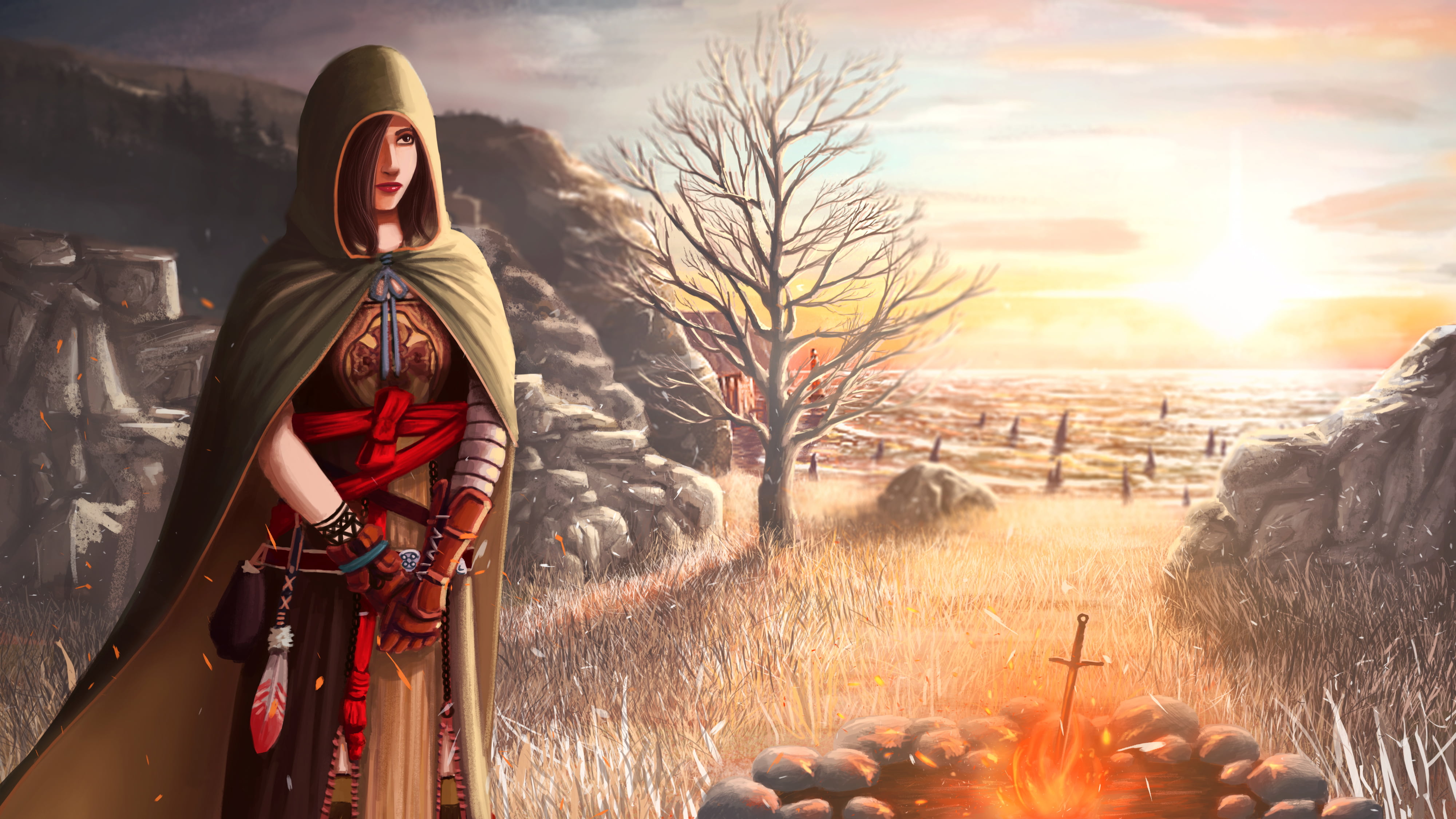 fire - Natural Phenomenon, outdoors, hood - Clothing, fantasy, one Person, front view, illustration, field, nature, green, caped, females, girl, young Adult, HD Wallpaper