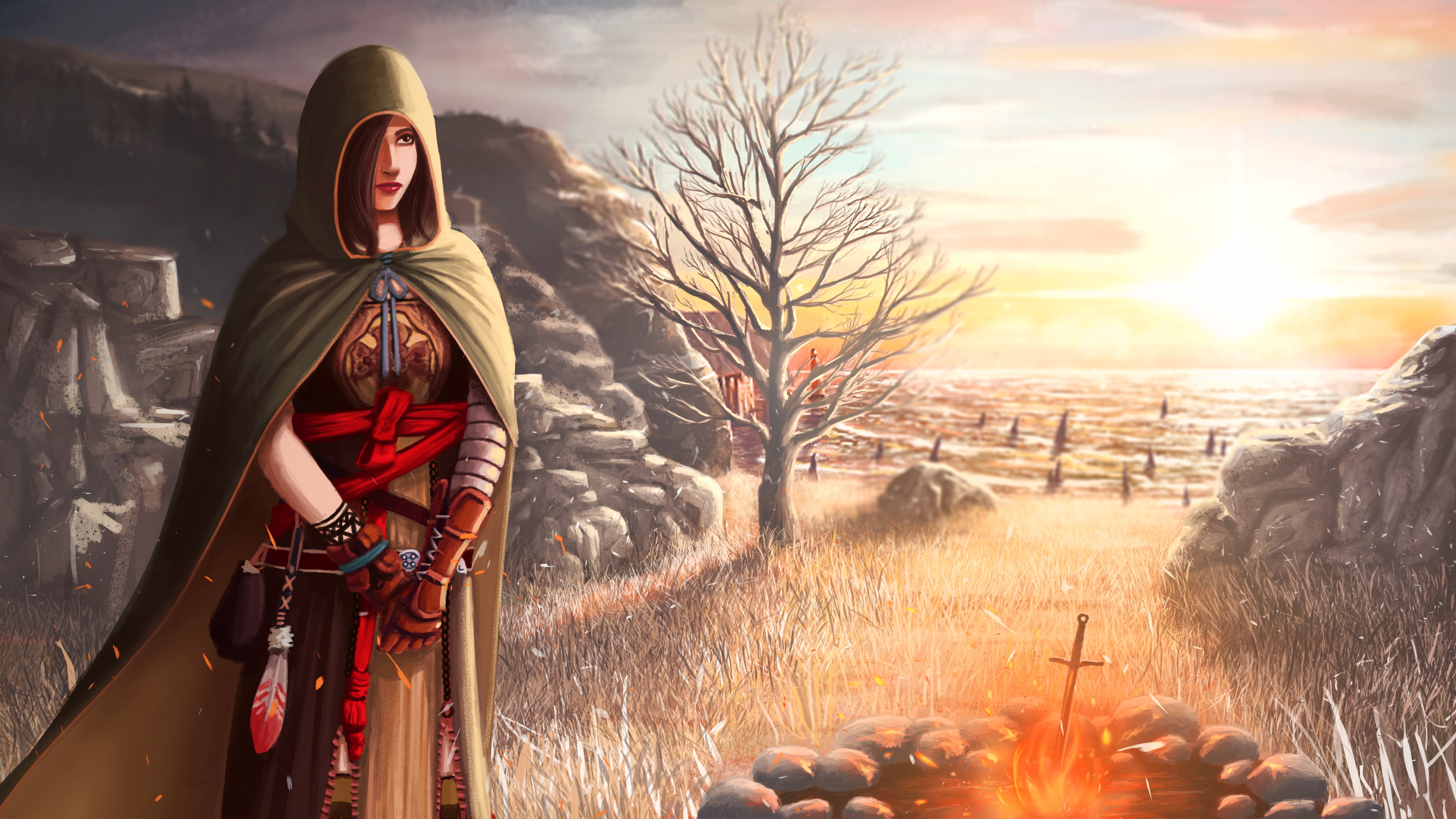 woman, cloak, hood, Majula, 4K, Shanalotte, Dark Souls 2, the fire, HD Wallpaper