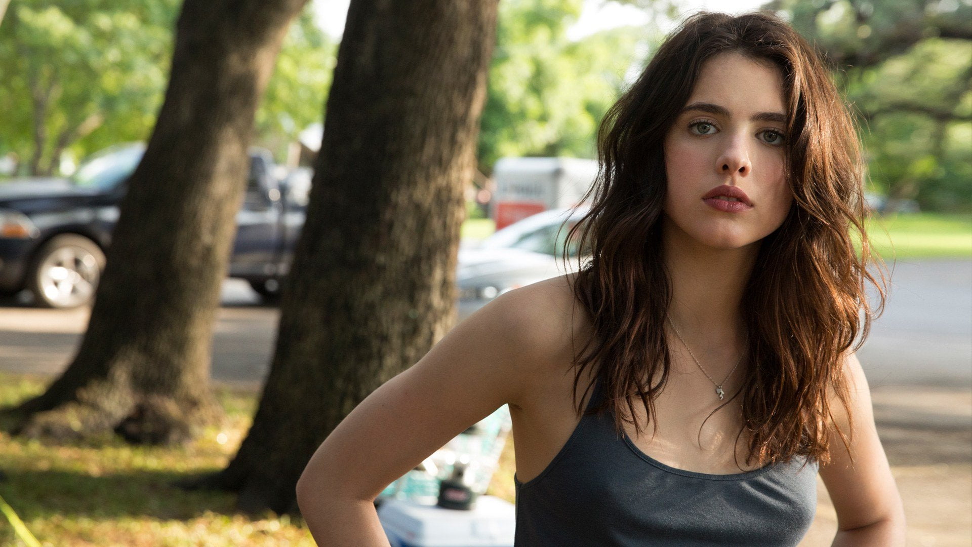 women outdoors, model, blue eyes, 1080P, women, Margaret Qualley, actress, long hair, outdoors, brunette, HD Wallpaper