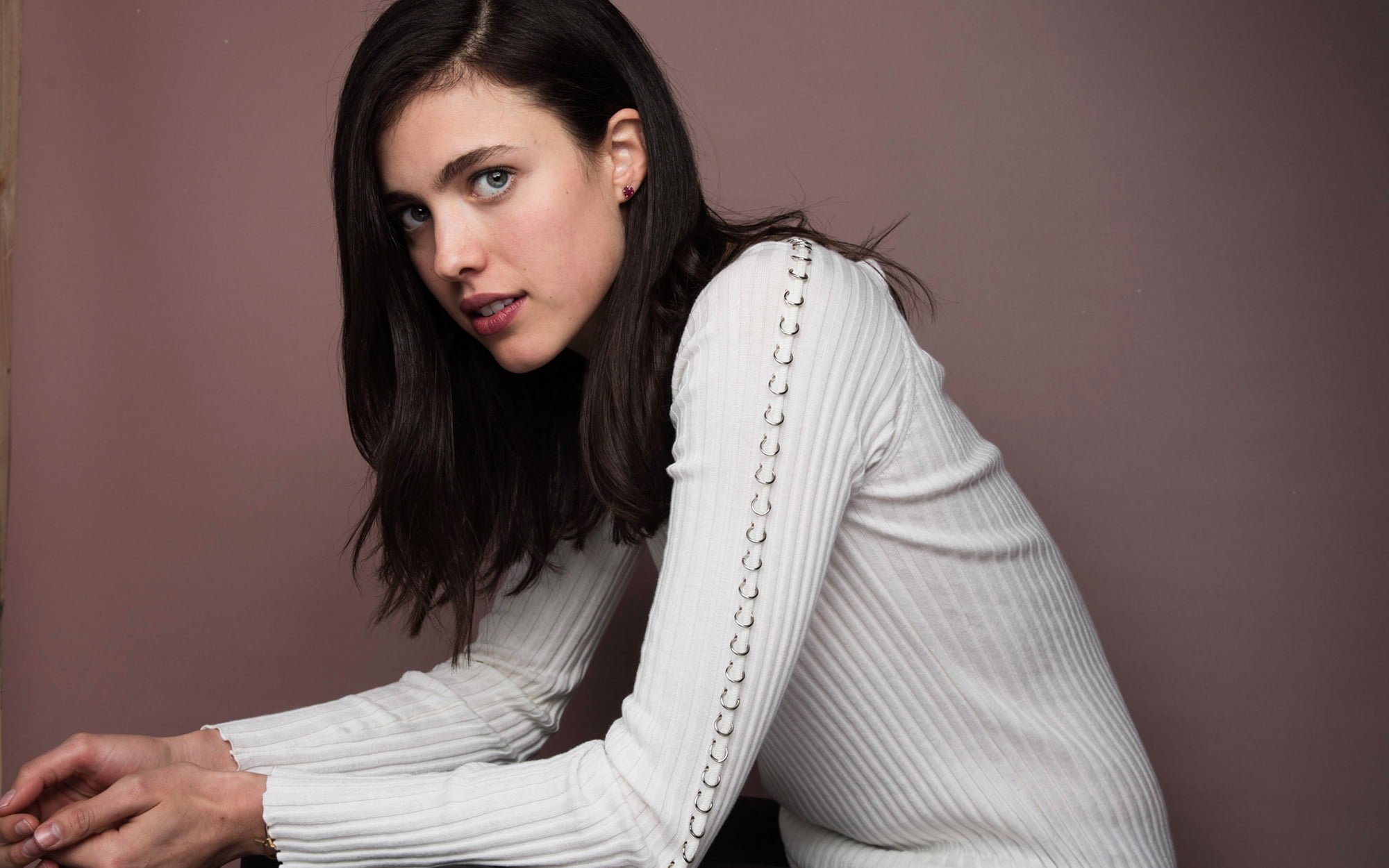Margaret Qualley, dark hair, simple background, 1080P, gradient, actress, women, brunette, looking at viewer, green eyes, long hair, HD Wallpaper