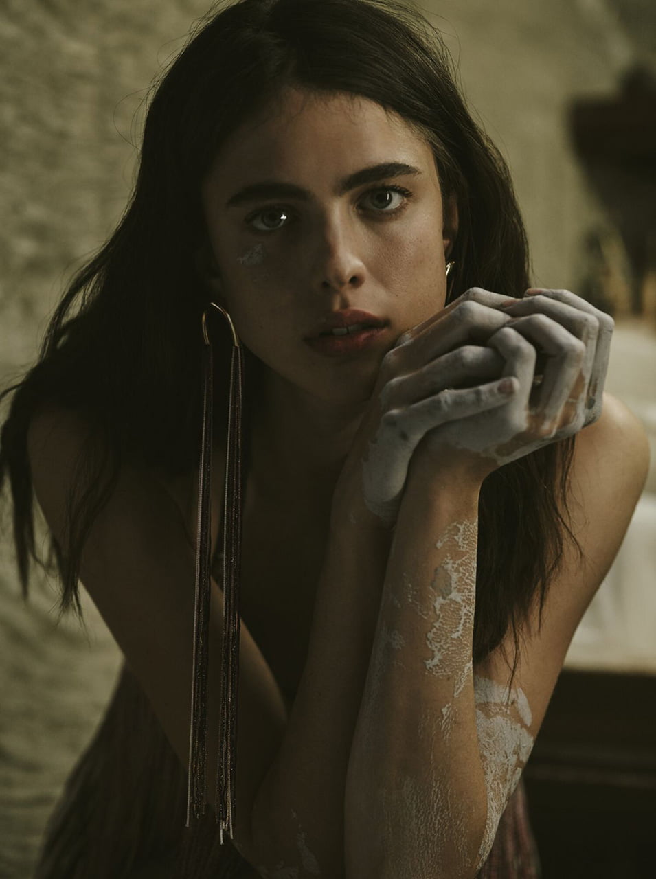 long hair, 720P, Margaret Qualley, actress, blue eyes, women, brunette, face, Phone HD Wallpaper