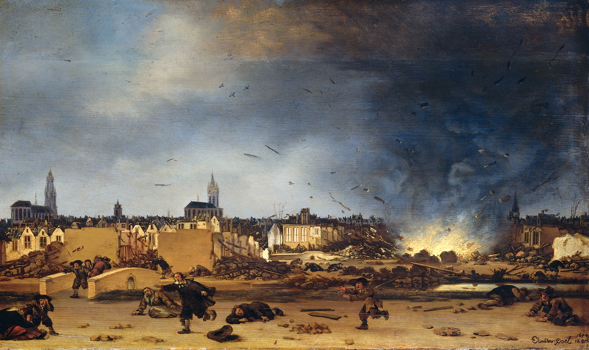The explosion of the Powder Tower in Delft, oil, Livens Egbert van der Pool, 1080P, tree, picture, HD Wallpaper