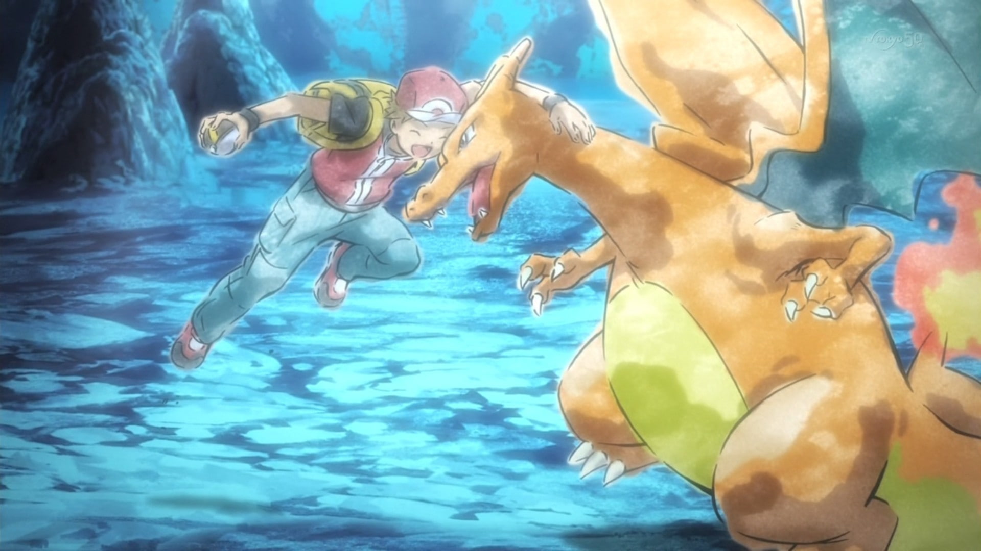 pokemon origins, clothing, two people, red, lifestyles, underwater, nature, Charizard, Pokémon, swimming, water, emotion, togetherness, sea, swimwear, 1080P, HD Wallpaper