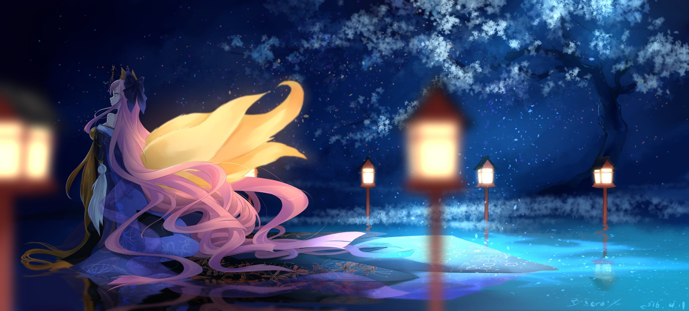 cold temperature, night, illuminated, plant, street, Caster (Fate/Extra), motion, snowing, water, winter, decoration, city, anime girls, no people, snow, HD Wallpaper