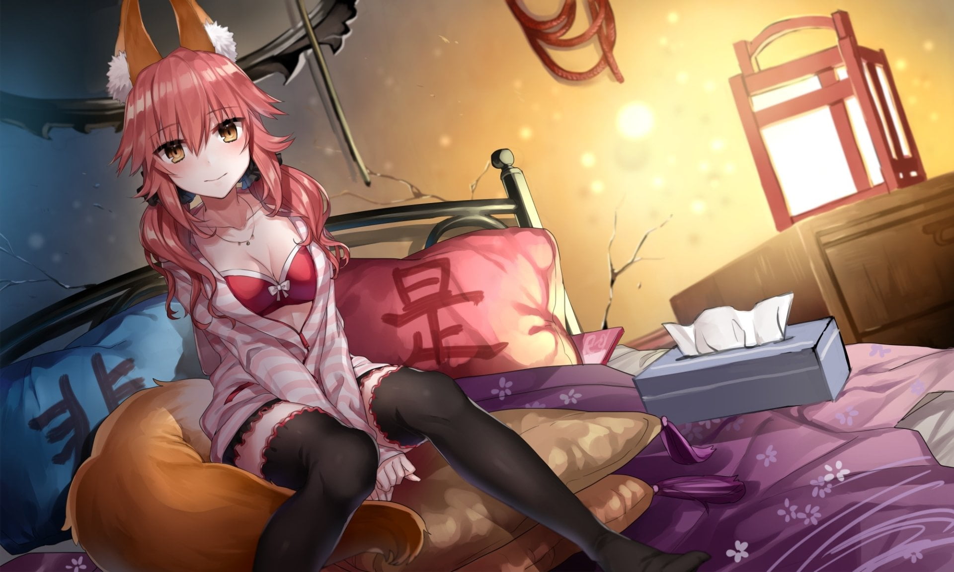 Girl, Blush, lifestyles, Pillow, Tamamo no Mae, Bed, mask, Pink Hair, three quarter length, Caster (Fate/Extra), indoors, Yellow Eyes, women, disguise, HD Wallpaper