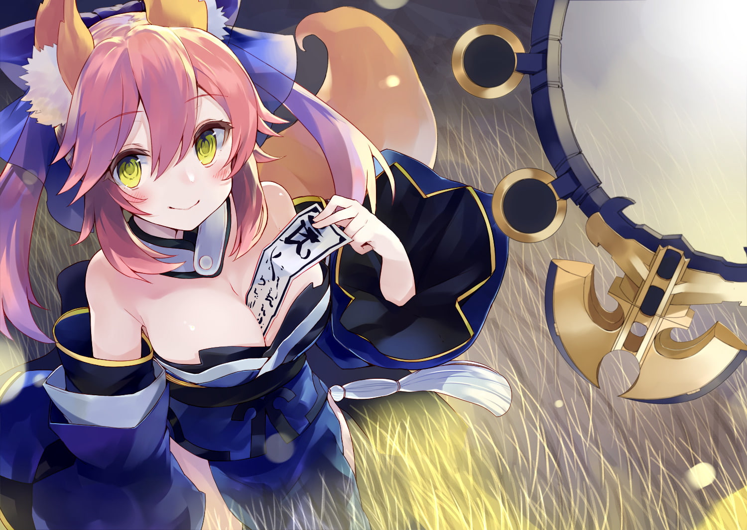 Caster (Fate/Extra), Yellow Eyes, Smile, 720P, Fate Series, Fate/Extra, Short Hair, Pink Hair, Twinitails, Blush, HD Wallpaper