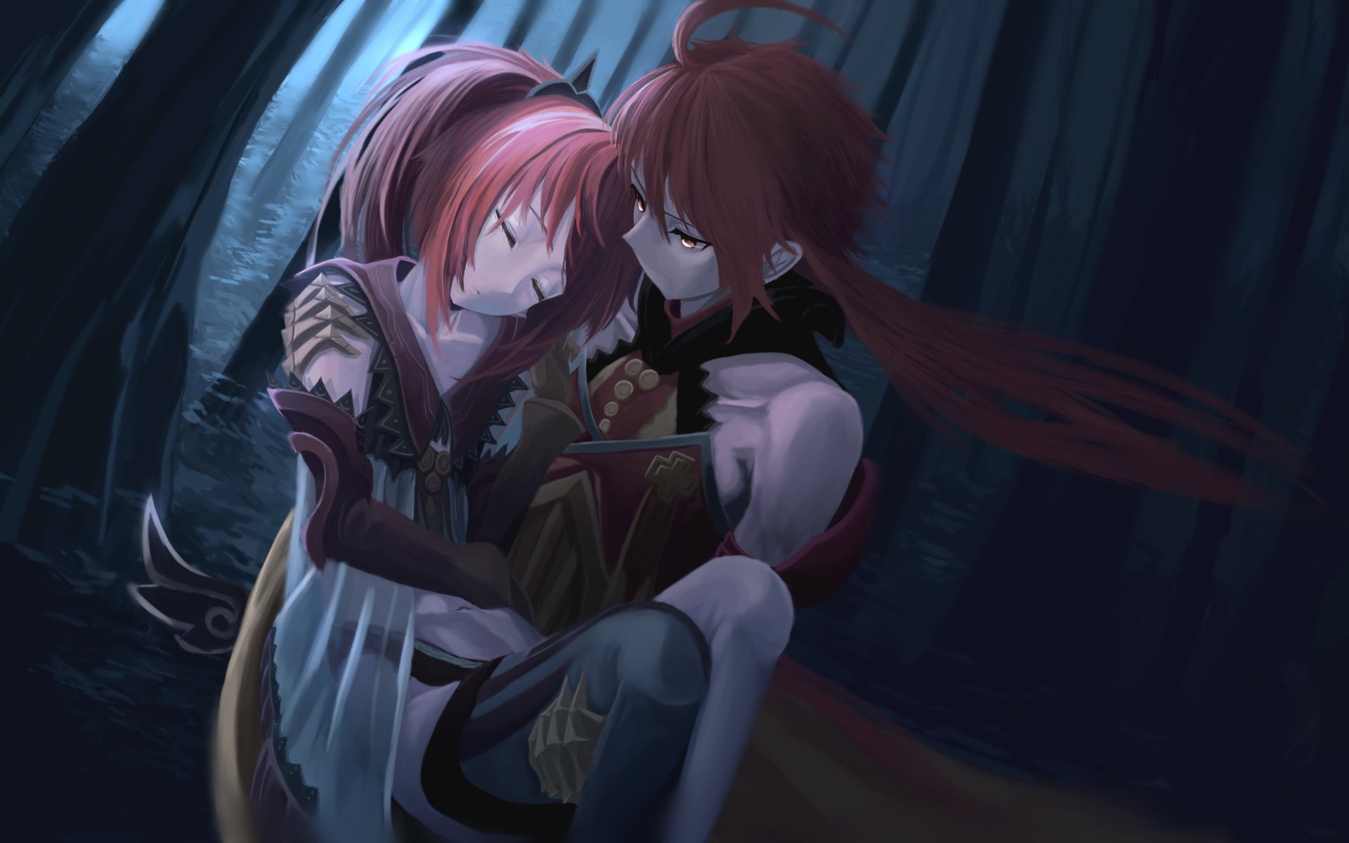 Red Hair, Caster (Fate/Extra), Ponytail, 1080P, Thigh Highs, Fate/Extra, Long Hair, Fate Series, Short Hair, Rama (Fate/Grand Order), Red Eyes, HD Wallpaper