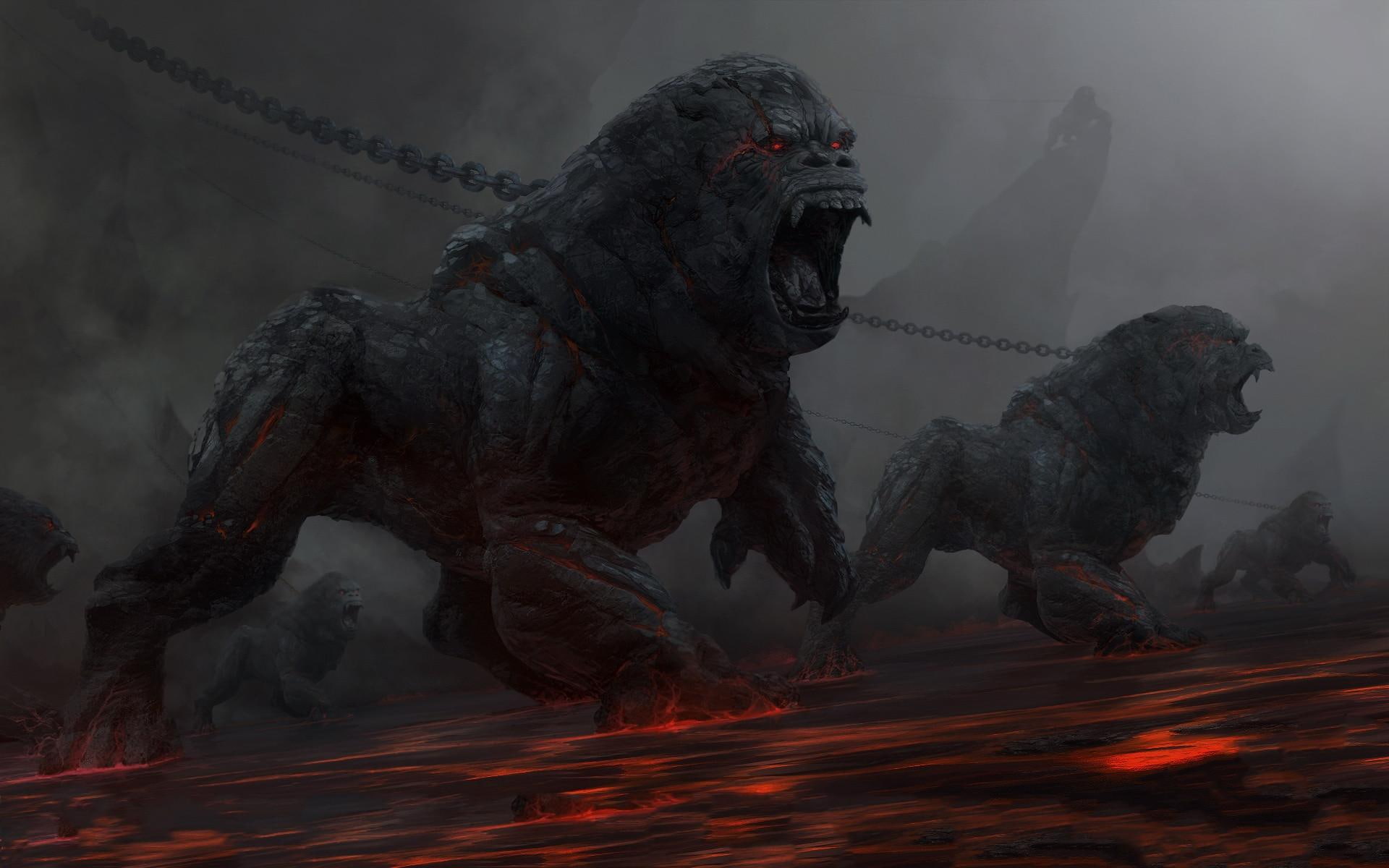 3d and abstract, monsters, 1080P, beasts, gorillas, monster, hell, illustration, HD Wallpaper