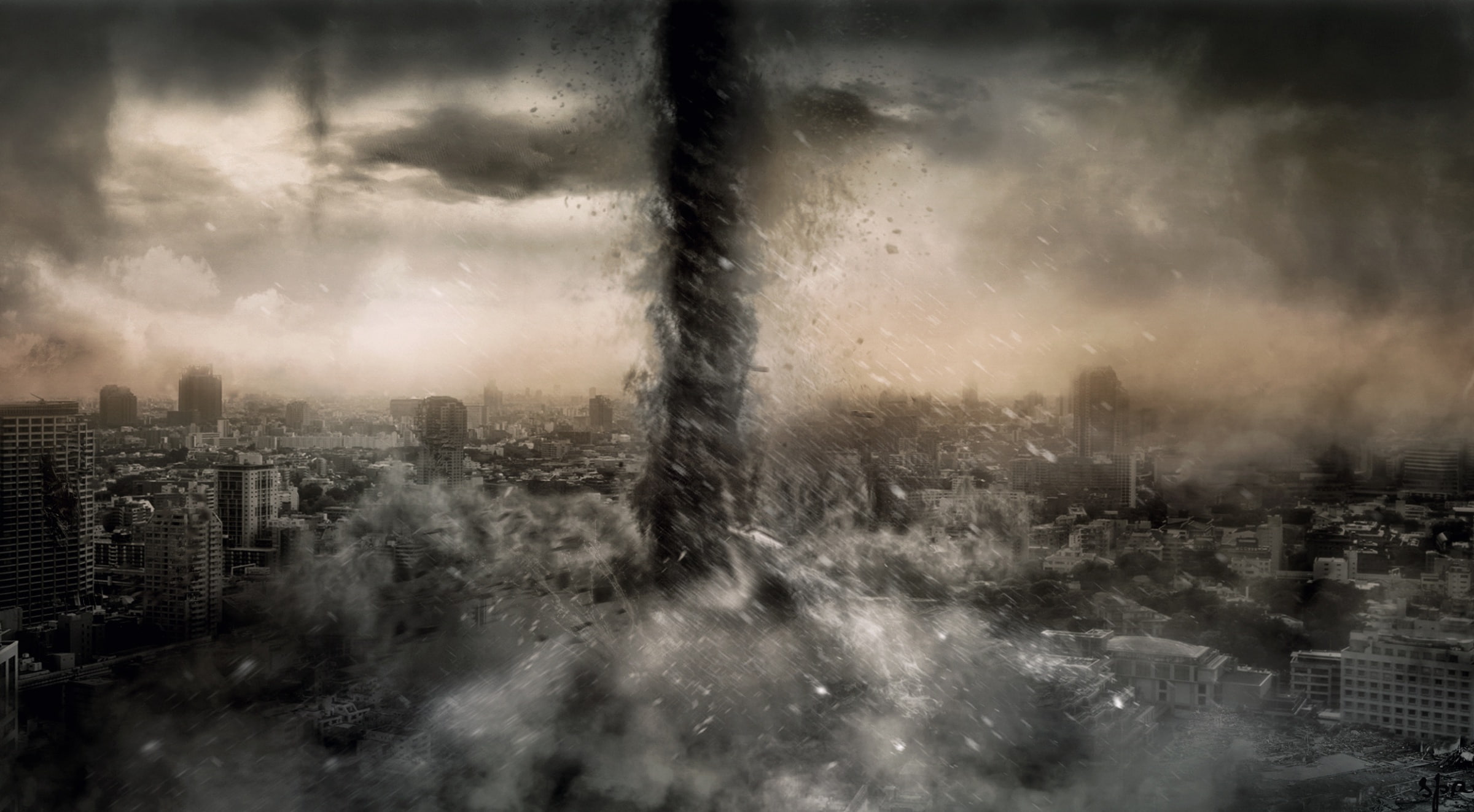 landscape, gray, Creative, tree, skyscraper, cityscape, built structure, building, hell, tornado, outdoors, nature, overcast, 1080P, architecture, building exterior, HD Wallpaper