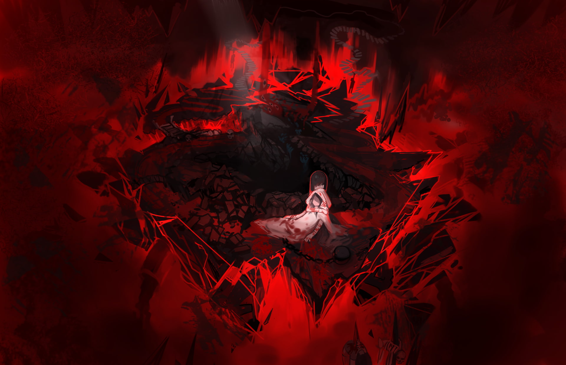 relaxation, women, nature, red, indoors, full length, one person, original characters, digital composite, 1080P, adult, night, blood, dark, black background, HD Wallpaper