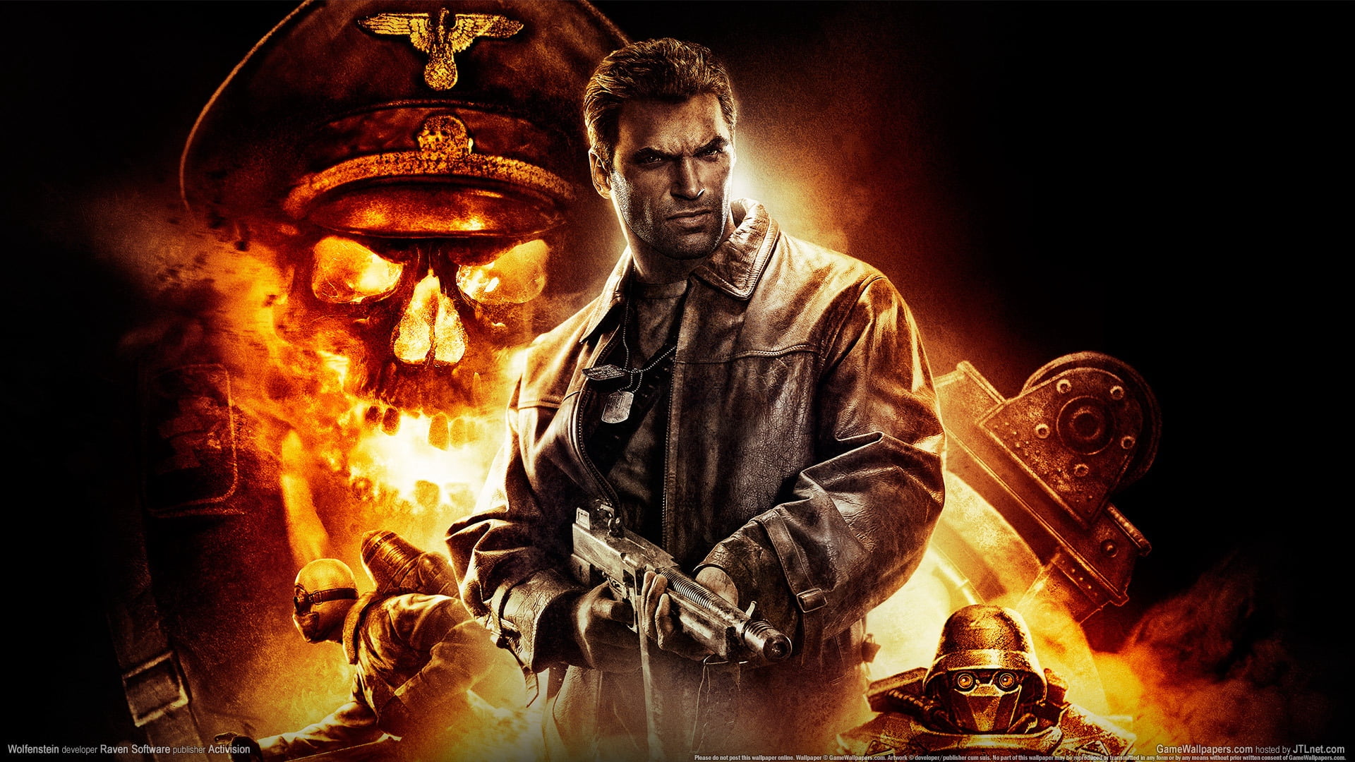 id software, flame, human representation, adult, belief, dark, male likeness, men, digital, fire - Natural Phenomenon, s, sculpture, wolfenstein 3d, jacket, HD Wallpaper