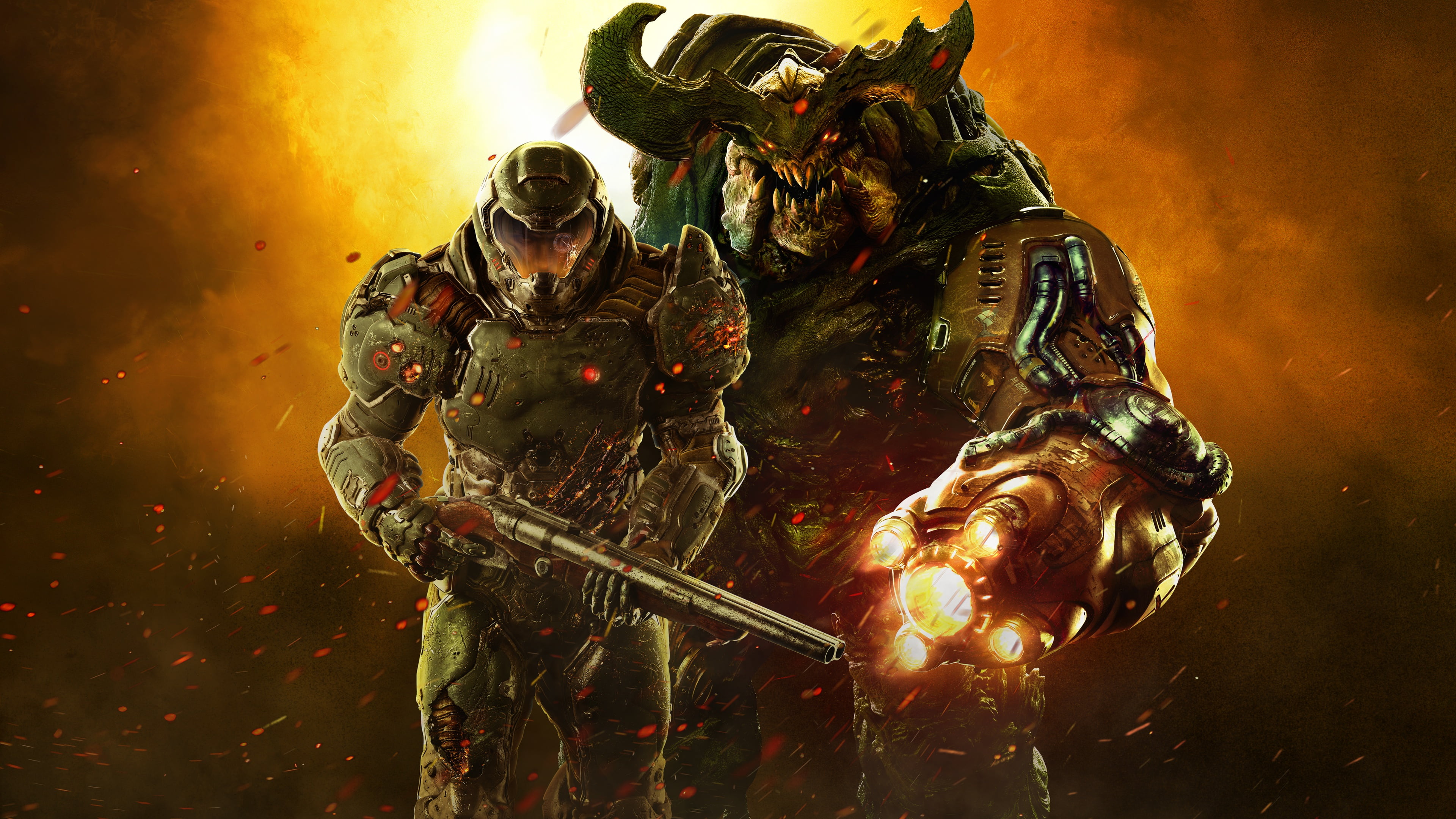 close-up, Fire, male likeness, DooM, Bethesda, paint, creativity, protection, metal, digital composite, Armor, id Software, Look, Monster, Bethesda Softworks, HD Wallpaper