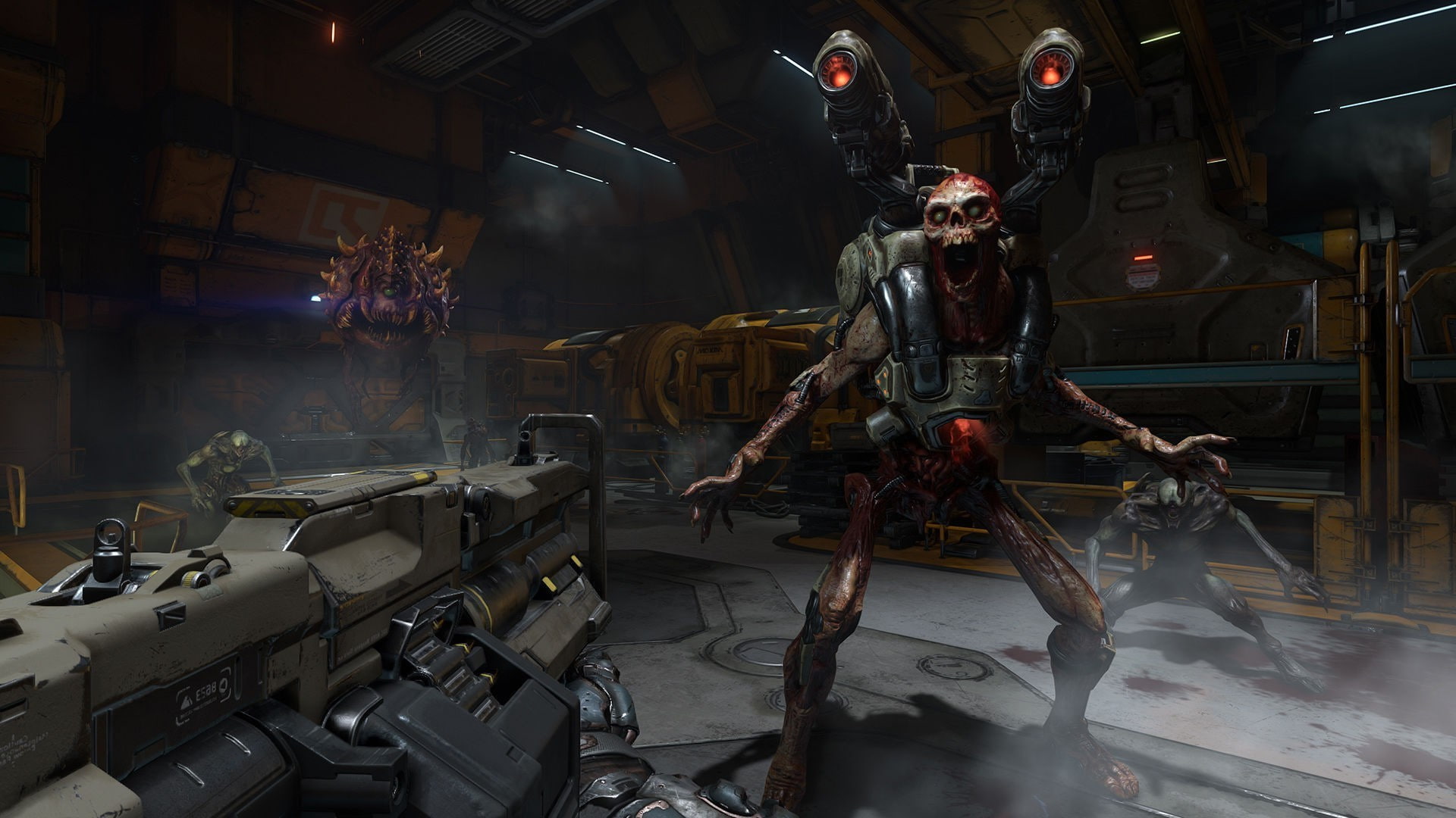 robot, science, weapon, creativity, futuristic, architecture, gun, no people, transportation, 1080P, indoors, machinery, manufacturing equipment, doom game doom 4 id software video games shooter first person shooter, HD Wallpaper