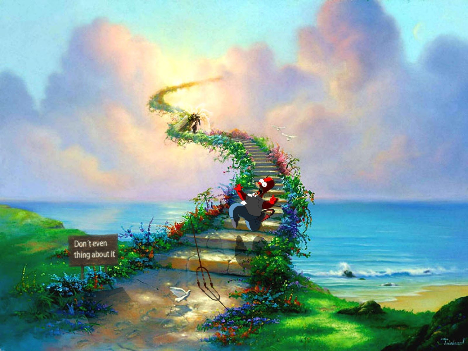 hell, simpsons, grass, beaches, sign, skies, sand, fun, simpson, homer, stairway, 720P, rocks, sun, awsome, water, heaven, HD Wallpaper