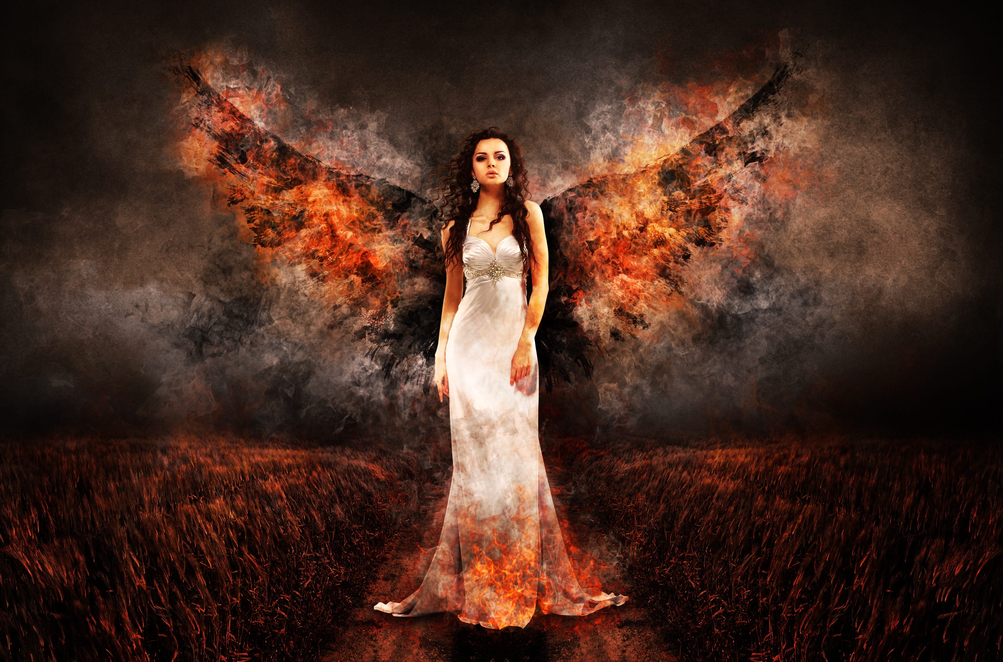the witch, one person, brand, clothing, young adult, elegance, drama, fire, angel, beautiful woman, dramatic, wing, woman, hell, fire - natural phenomenon, HD Wallpaper