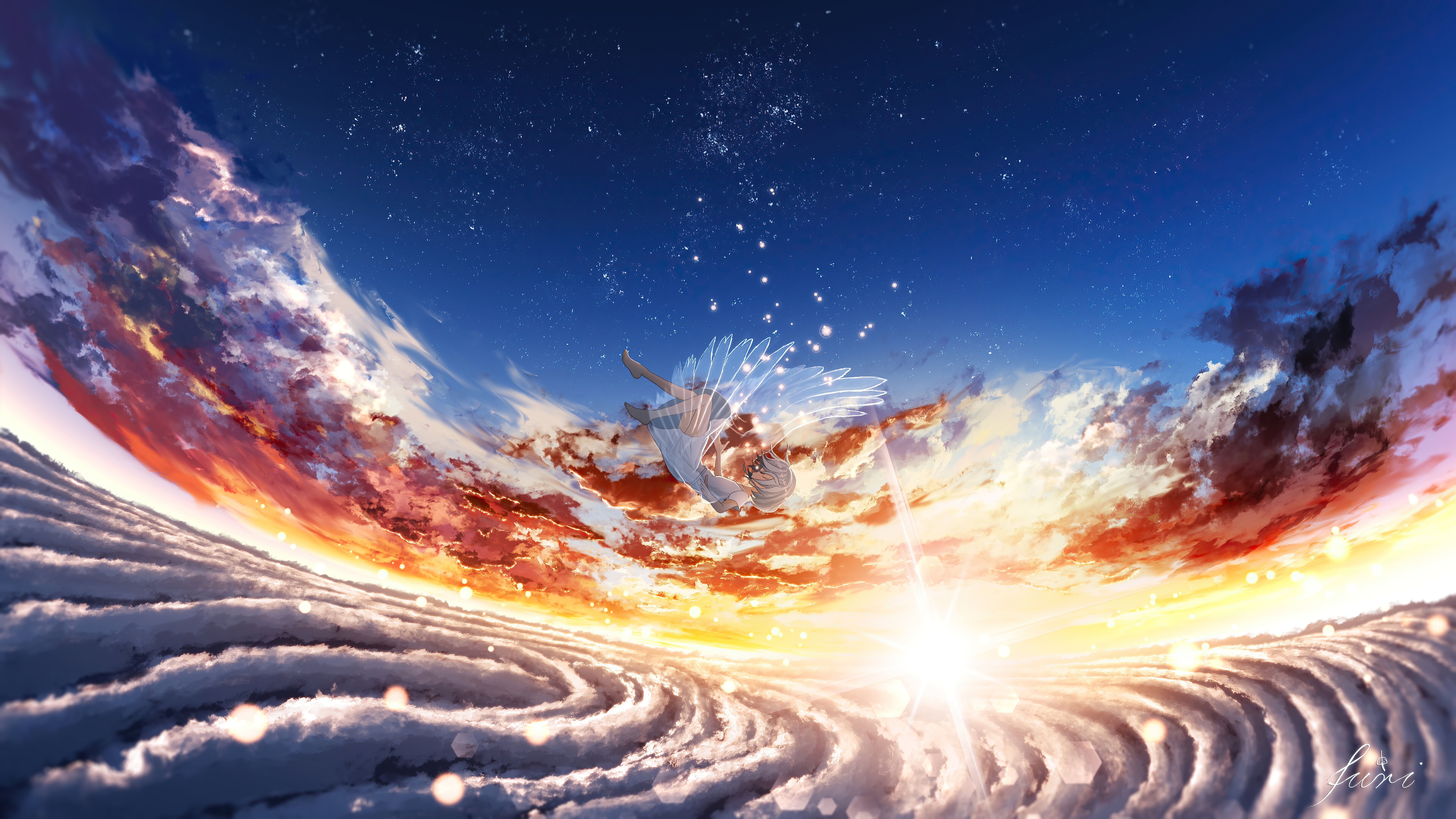 white hair, stars, falling, anime girls, angels wings, clouds, sunset, wings, 8K, starred sky, anime, HD Wallpaper