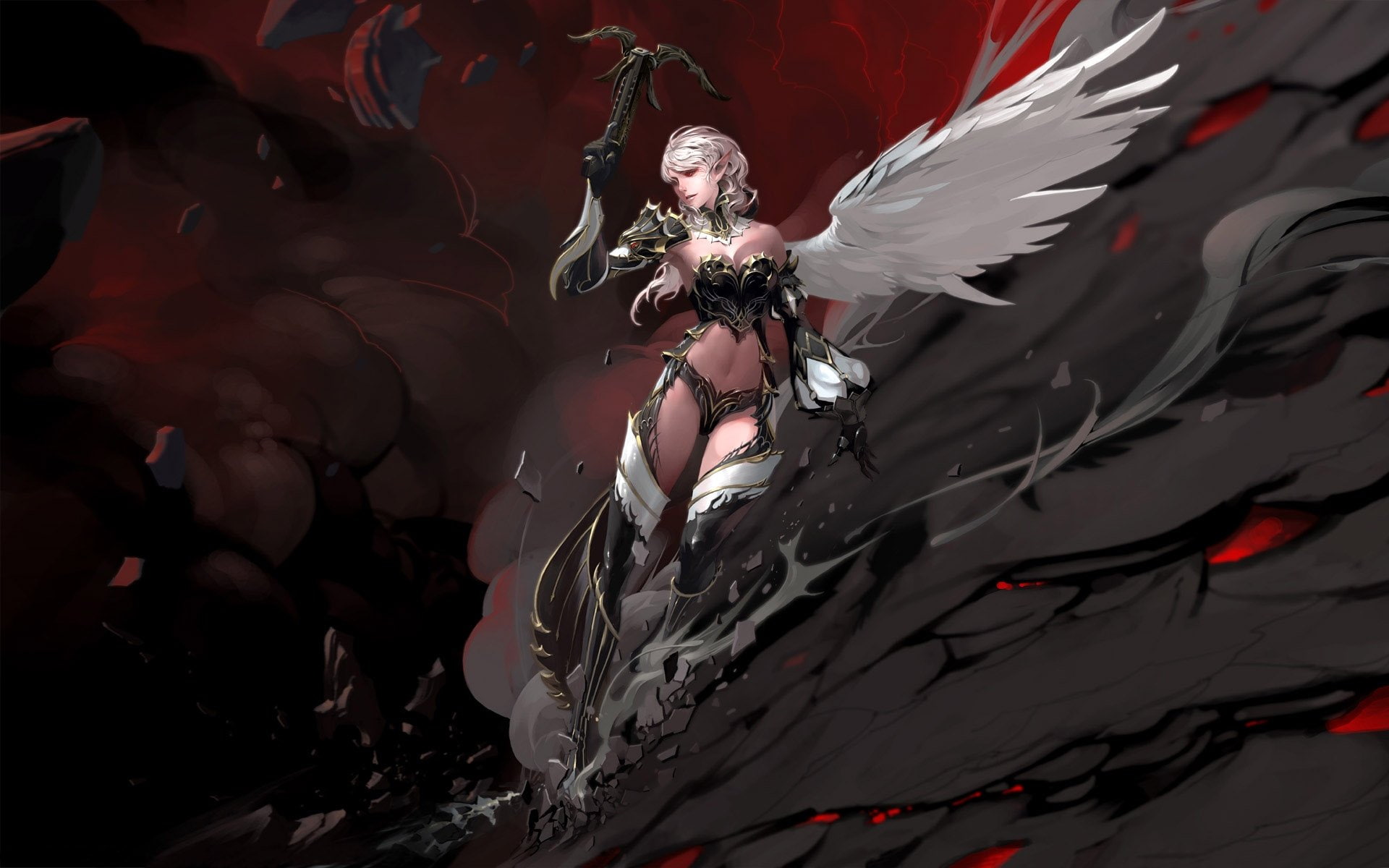 fantasy, girl, wing, falling, 1080P, angel, HD Wallpaper