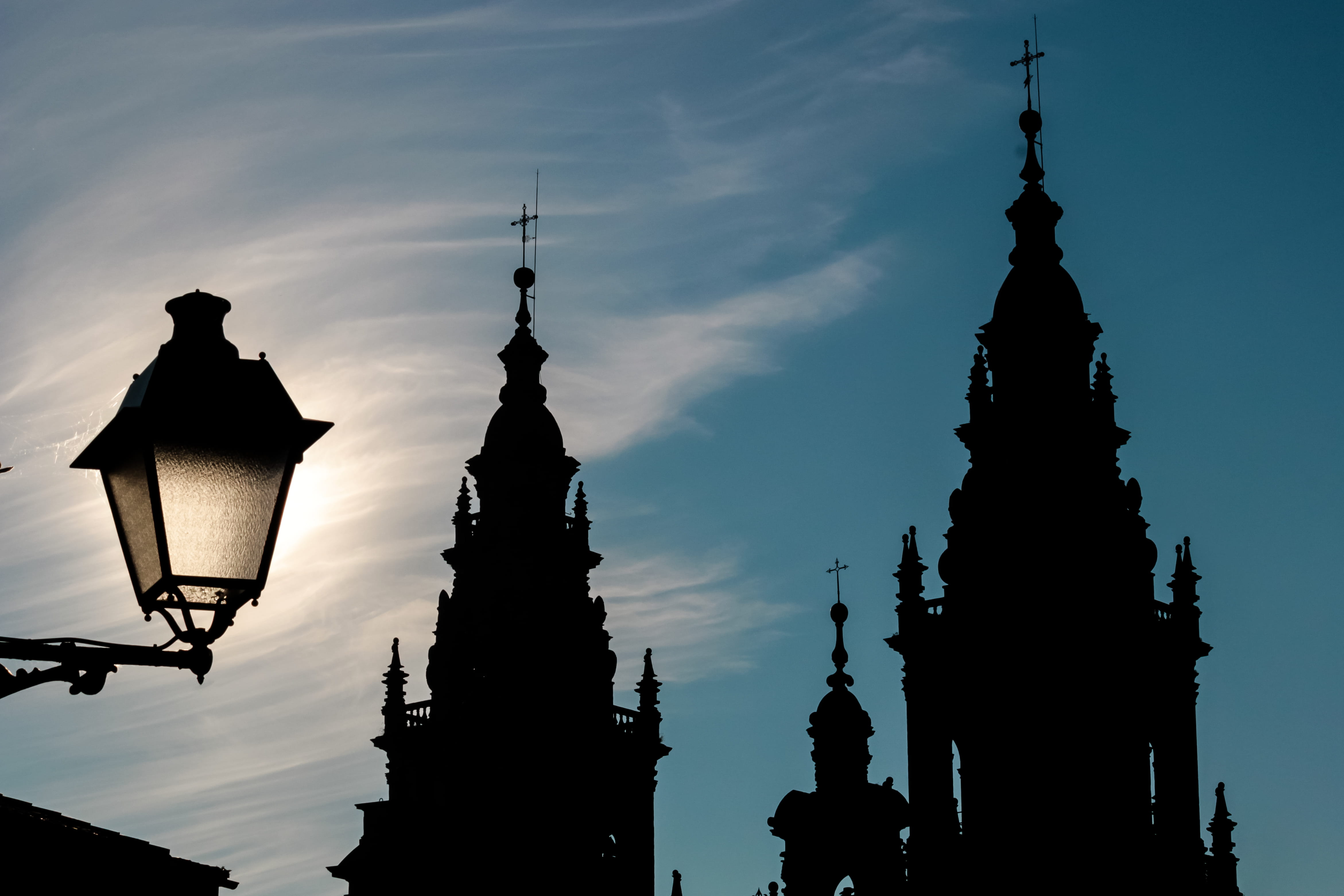 galicia, building, architecture, the past, no people, spirituality, sky, built structure, low angle view, religion, tower, nature, st james, outdoors, streetlight, HD Wallpaper