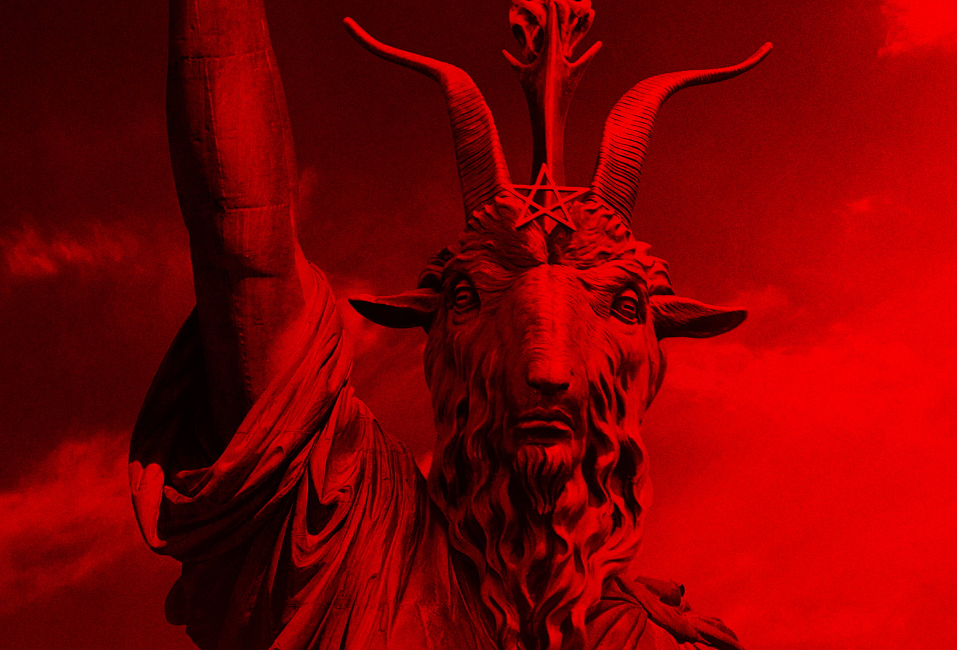 movie poster, 1080P, red, Statue of Liberty, Baphometh, satanic, Satanism, HD Wallpaper