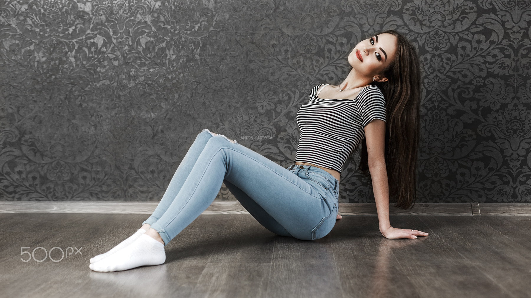 brunette, on the floor, Anton Harisov, sitting, long hair, 720P, women, jeans, 500px, smiling, HD Wallpaper