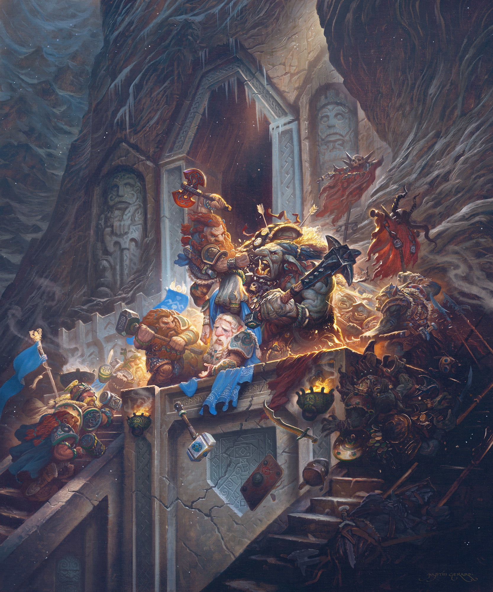 built structure, place of worship, sword, 1080P, spirituality, stairs, blue, brown, concept art, men, armor, building, The Hobbit, male likeness, war, Phone HD Wallpaper