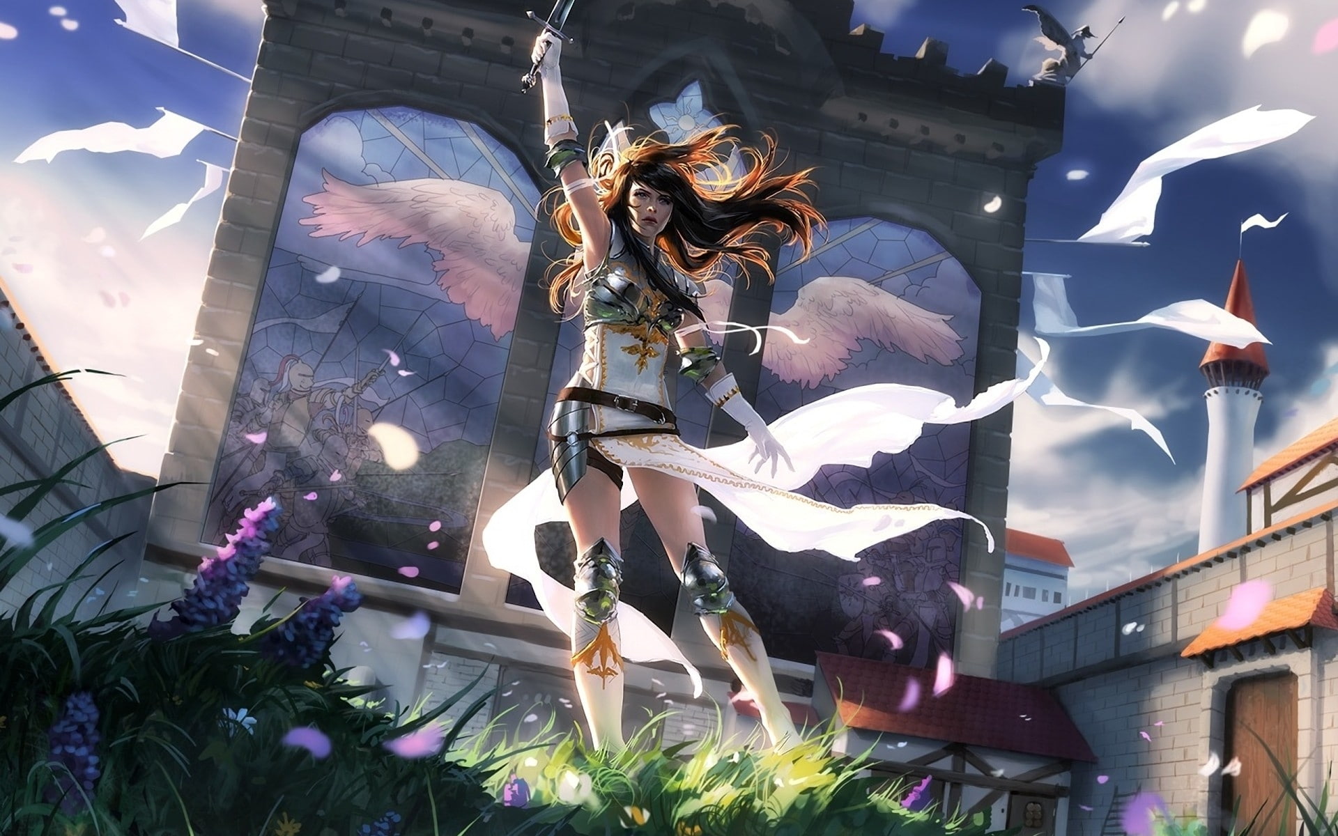 armor, gathering, grass, art, magic, hd, artwork, mtg, destiny, 1080P, wind, statues, swords, women, nature, flowers, wings, angelic, HD Wallpaper