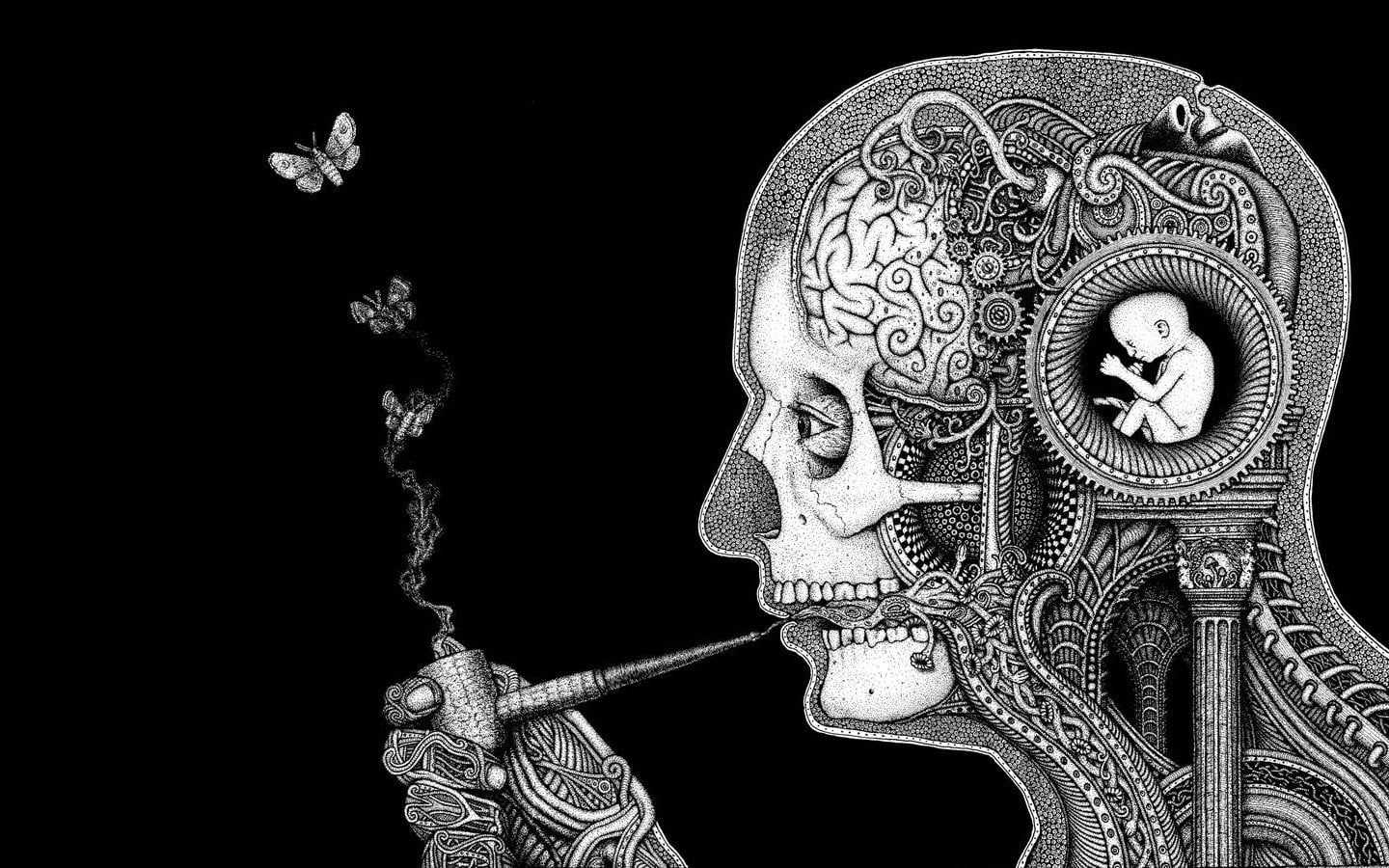 indoors, floral pattern, 720P, art and craft, human, smoking, spirituality, skeletal, flower, human representation, close-up, belief, flowering plant, HD Wallpaper