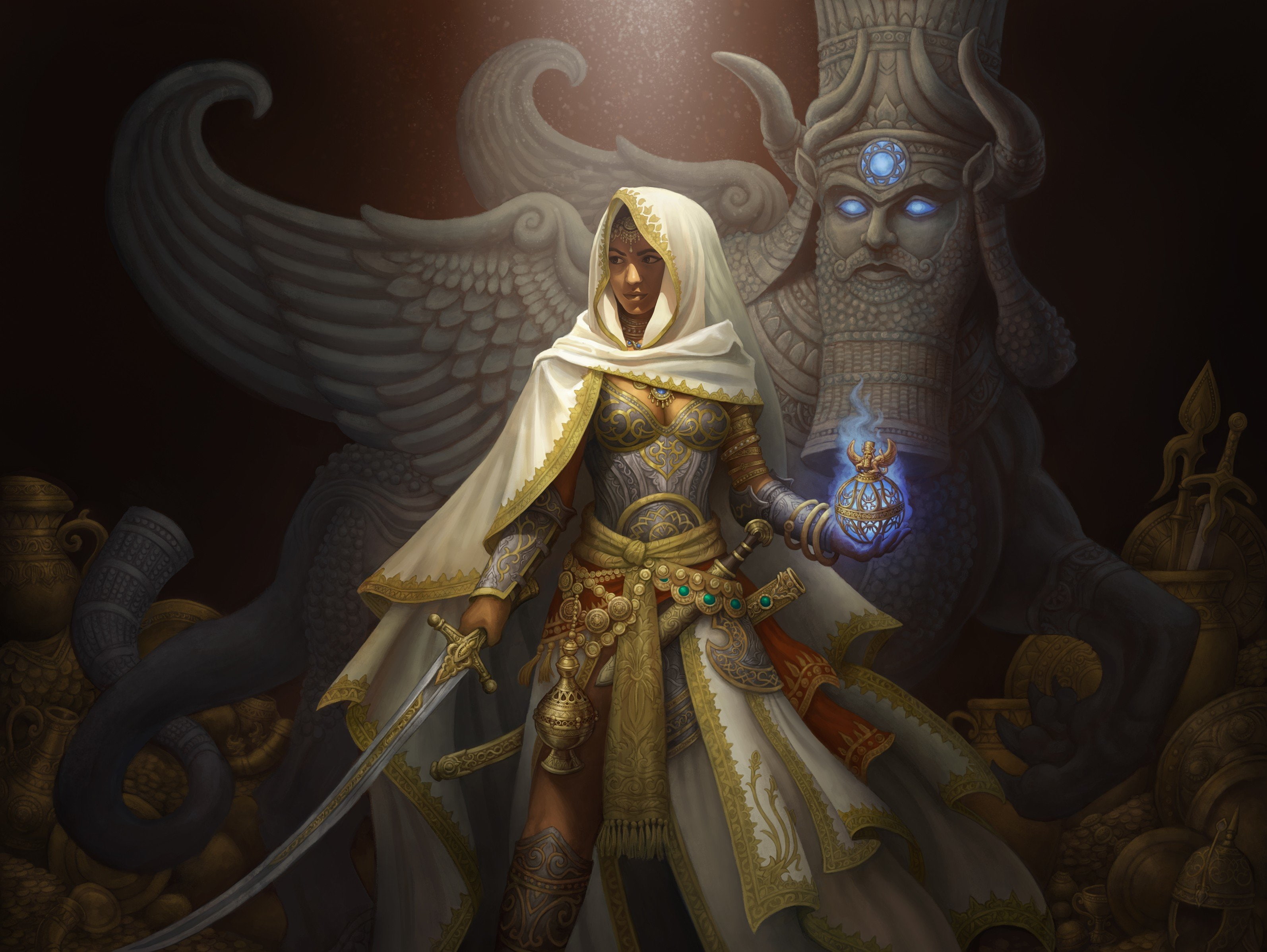 saber, art, light, girl, ornamentation, fantasy, 2K, cloth, hood, wealth, magic, gold, artifact, HD Wallpaper