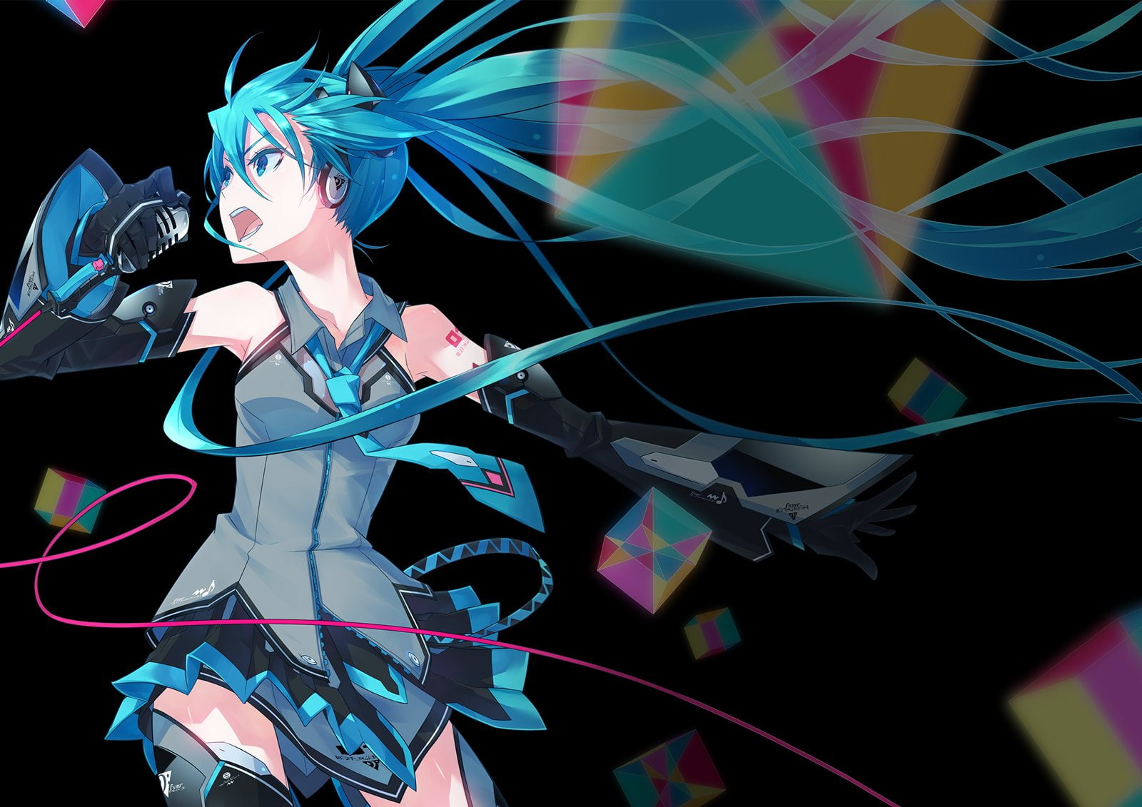 jpeg, miku, gloves, microphone, 720P, hair, twintails, vocaloid, aqua, magical, hatsune, monq, eyes, tie, headphones, long, mirai, artifacts, HD Wallpaper