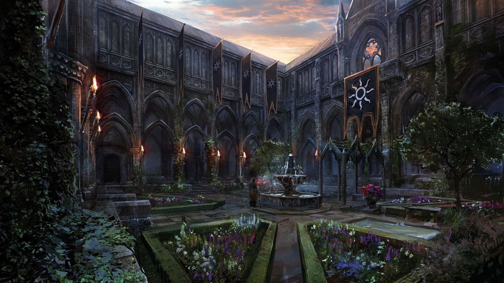 art, video games, 1080P, witcher, video, torch, hunt, games, concept, concept art, wild, trees, flowers, buildings, HD Wallpaper