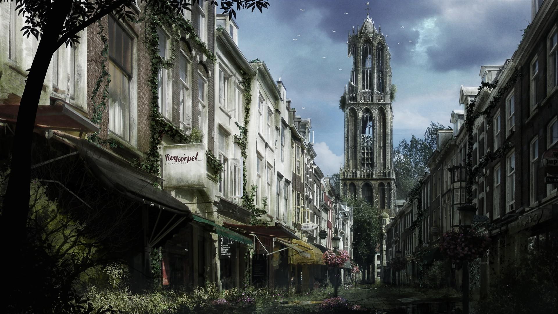 building, tower, stone, abandoned, city, 1920x1080, 1080P, gray, digital art, HD Wallpaper