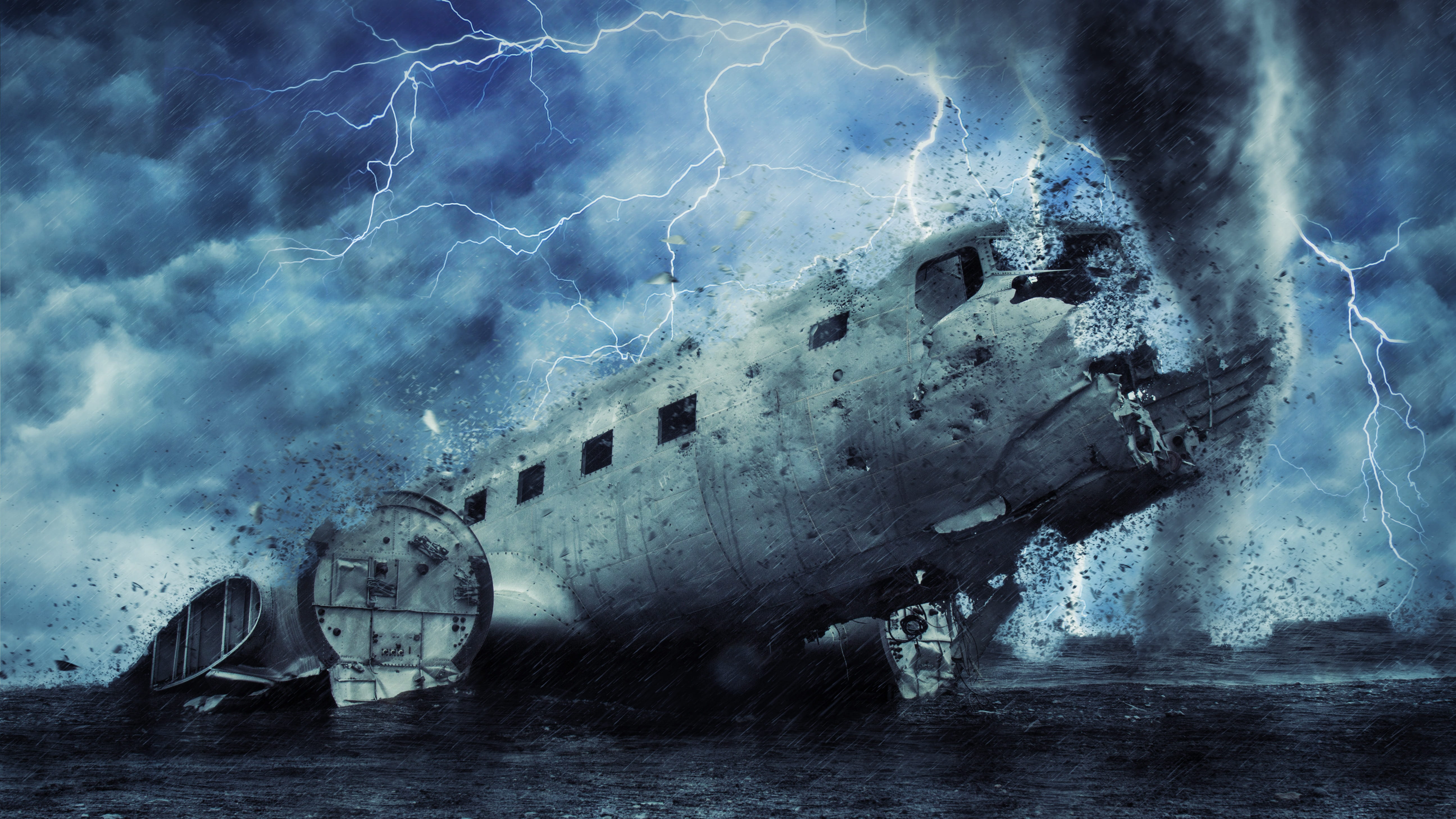 the past, metal, abandoned, bad weather, bad condition, 5K, transportation, plane, rain, angry, damaged, water, clouds, manipulation, lightening, nautical vessel, HD Wallpaper