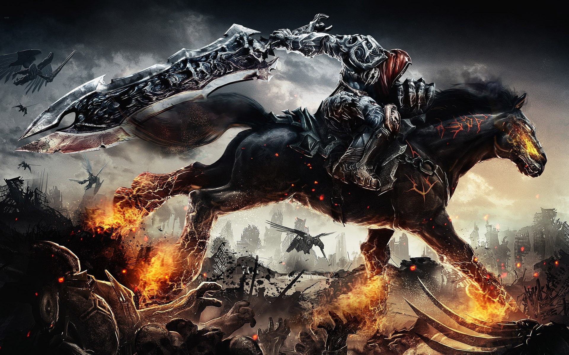 fire, darksiders, 1080P, war, city, horse, HD Wallpaper