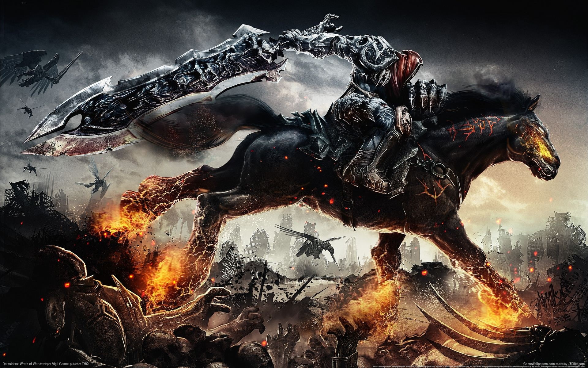 flaming, Wrath, Darksiders, knight, artwork, 1080P, horse, riding, War, HD Wallpaper