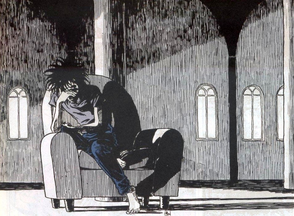 casual clothing, The Sandman, full length, man, illustration, sitting, one person, architecture, art and craft, building exterior, leisure activity, day, HD Wallpaper