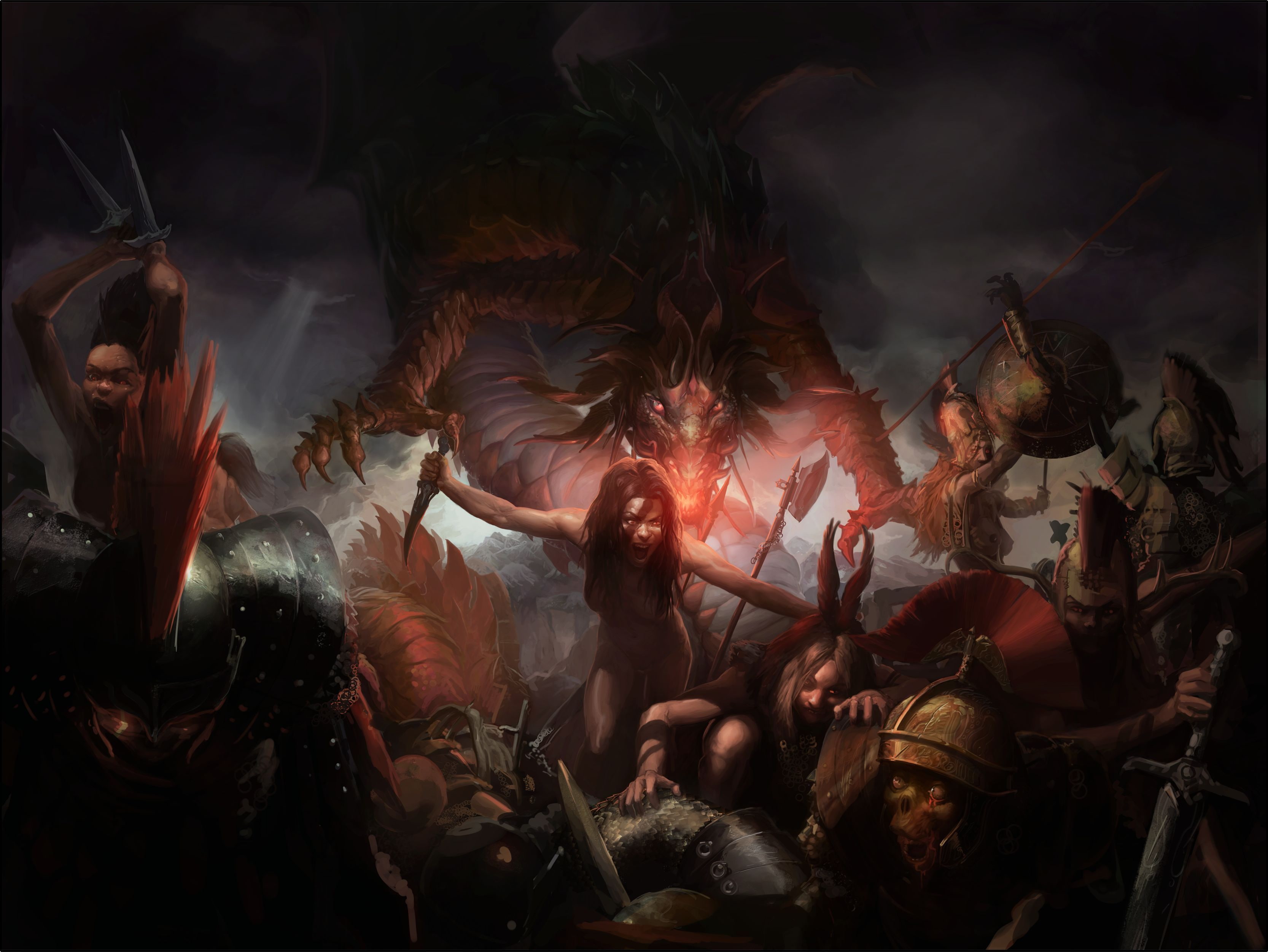 fantasy, Dark, Girls, sword, warriors, Dragons, art, weapons, battle, blood, 2K, women, monsters, creatures, HD Wallpaper